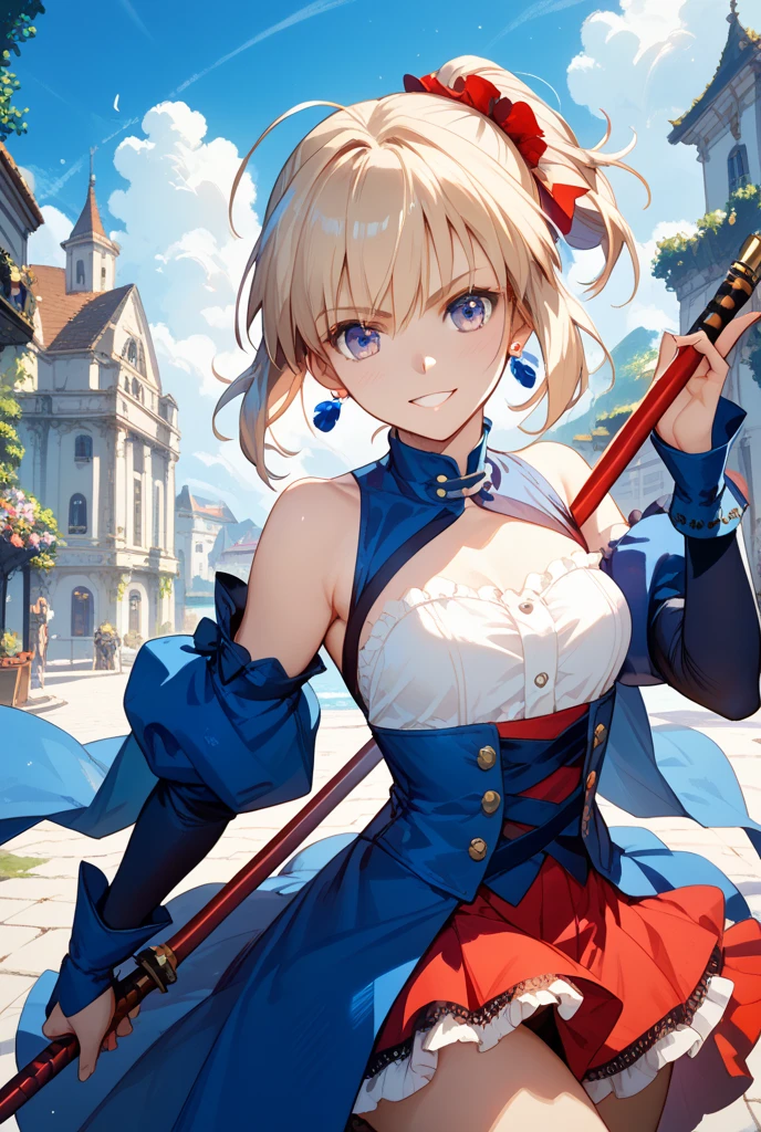 a cartoon character with red hair and gloves on standing with arms above her head, arcueid brunestud, 1girl, breasts, blonde hair, red eyes, solo, gloves, multicolored skirt, cleavage, bangs, short hair, flower, detached sleeves, hair ornament, pantyhose, smile, hair flower, looking at viewer, dress, skirt, black gloves, white dress, large breasts, bare shoulders,arcueid
