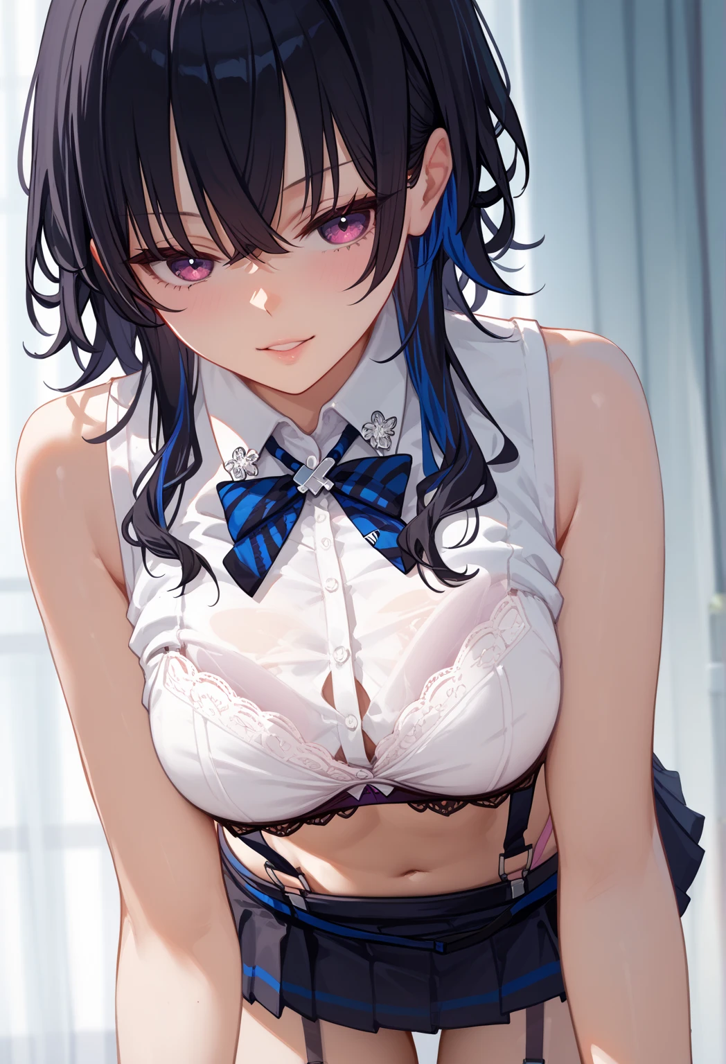 (naga),(five fingers)、(EnvyBetterHands, QuickHand),(angled, sharp, edgy, piercing, fierce) 、(side ponytail,hair ornament,hairclip,white shirt,bra visible through clothes,breast pocket,black choker,blue necktie,purple scrunchie,bracelet,blue skirt,thigh strap,looking at viewer,smile),(large breasts:1.5), (Navy Skirt)、,(White shirt)、(Navy blue tie)Glossy Lips, (((Global Illumination:1.5))),((Lash extensions)),((slant eyes:1.5)),((Half-closed eyes:1.1)),((Small face)),(purple eyes:1.5),(Hair fluttering in the wind),(smile:1.3),((contrasted:1.5)),,((アニメ)),,(EnvyBetterHands, QuickHand),((angled, sharp, edgy, piercing, fierce),((best quality, masterpiece,,Highest quality:1.5、High resolution,8k,ultra-detailed face,アニメ,ultra-detailed hands,ultra-detailed fingers,ultra-detailed eyes, ,ultra-detailed hair, shiny skin, Silky Pale White, ultra detailed and beautiful, Model Pose)),(looking at viewer),(loli face),((The official look)),(Straight Hair),(Very soft skin),(Skin wrinkles),(Grab the skin),(Half-closed eyes),(Panty shot),(Grab your thighs),(sit),(椅子にsit),(Anime painting)(Diamond-shaped eyes)(足を組んでsit)(whole body),(fang),(small eyes),(Spread your fingers)(Use of strong primary colors)((Colorful paint splashes on a transparent background、Dulux、pop)),(stylish pose)(Five Fingers),(eight-headed body)(Cool pose)、 (whole body)(Use of bright colors),(grab your thighs),(well-proportion)(Half-closed eyes),(full body),、、、、、