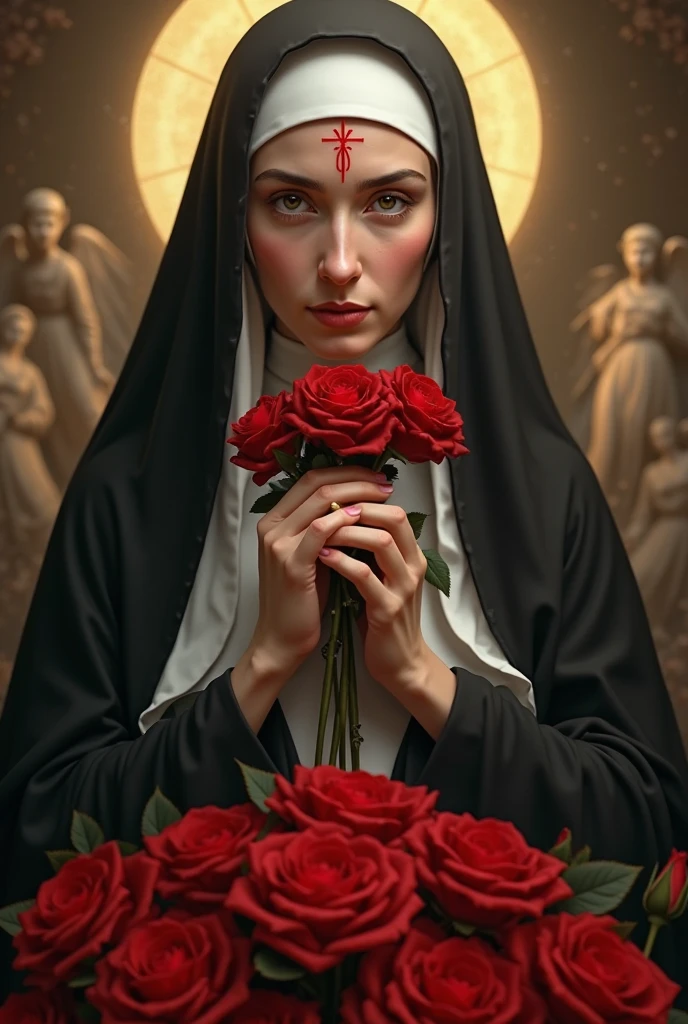 Animated Santa Rosa de Lima add a black cloak, put more roses on her, put a white dress and a black cloak like a nun, put a headband of roses on her, make her more adult, MORE SERIOUS AND MAKE HER LOOK MORE LIKE A NUN
