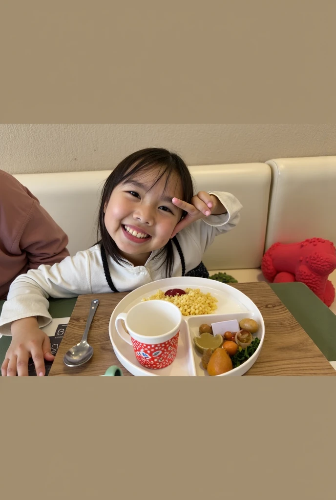 Create a Japanese style logo A girl with pigtails and red cheeks holds a fork and spoon. Sitting at the dining room table with a brown poodle and a chubby rabbit. The logo background is white. The logo letters say: wendy&friends mookrata