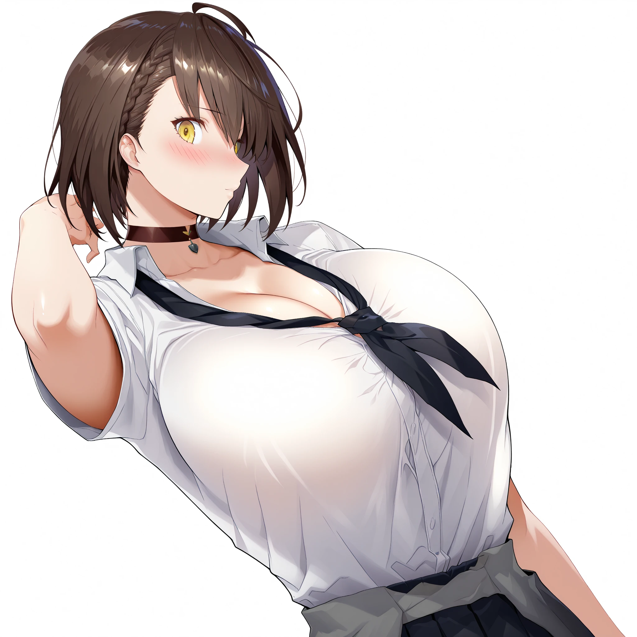 ((Loose dog collar)),highest quality, High resolution, One girl, higuchi madoka, pantyhose, skirt, brown hair, Mole under eye, Mole, hair ornaments, Hair Clip, pleated skirt, short hair,, Long sleeve, bangs, sweater, miniskirt, black sweater, black pantyhose, grey skirt, Collared shirt, Purple eyes, Portraiture,face,face focus,close,((One girl)),(Perfect hands:1.2),(Perfect Anatomy:1.2),(masterpiece:1.1), (highest quality:1.1), ((Beautiful fine details: 1.6)),Sexy Body,eyes are small,((Very detailed face,perfect face)),Browsing Caution,beautiful, masterpiece, highest quality, extremely detailed face, Perfect lighting, 1 girl, alone, (Absurd), (Super detailed, 8k, ultra High resolution:1.2), Medium Chest, Breast nipples, expressionless face, face focus, On the shoulder, from the front,BDSM,Gagged,(Inserting an Object,Adult Toys:1.2),rope,bondage,bound,Suppressed,shibari,shibari over clothes,bound wrists,bound ankles,bound arms,bound legs,bound wrists,Box Tie,breast bondage,crotch rope,Skin dents,Dripping,Upper Body,(Ahe face:1.1),clavicle,trembling,Sweat,Sweatdrop,heart,Skin dents,BDSM,bondage,Big Breasts,Big