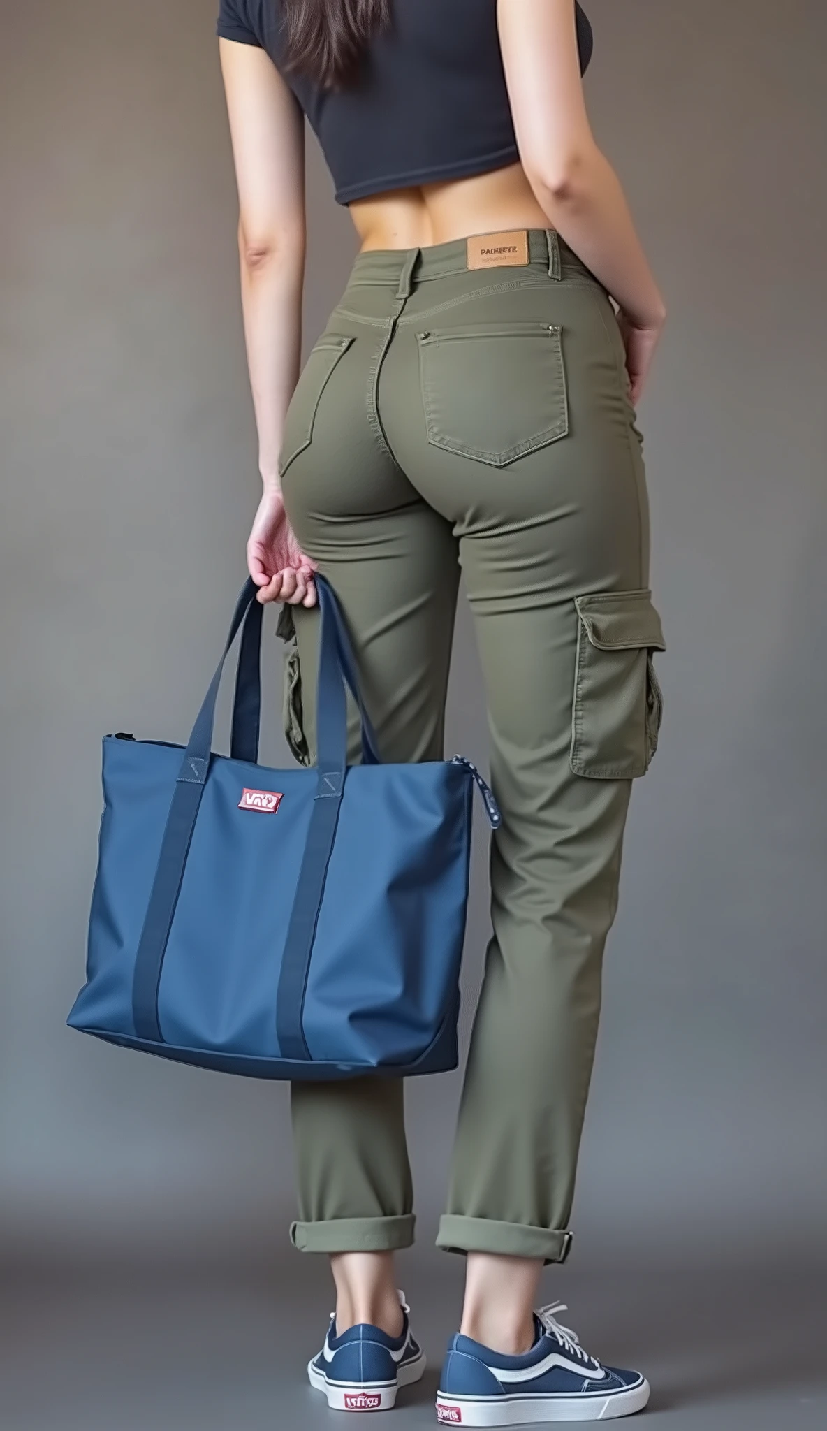 ((Close-up)) Of a thin woman standing (((in a back diagonal position))), wearing Cargo Pants and (((Vans® blue sneakers))), holding a basic blue cooler bag, simple straight bag, thermal bag with tote bag sizeu,u sacola simples, Ecological sabota, nylon thermal bag, simple cooler bag, foto realista, advertising hphoto, advertisement image, foto em perspectiva, foro em cores vivas, foto de Lewis Baltz