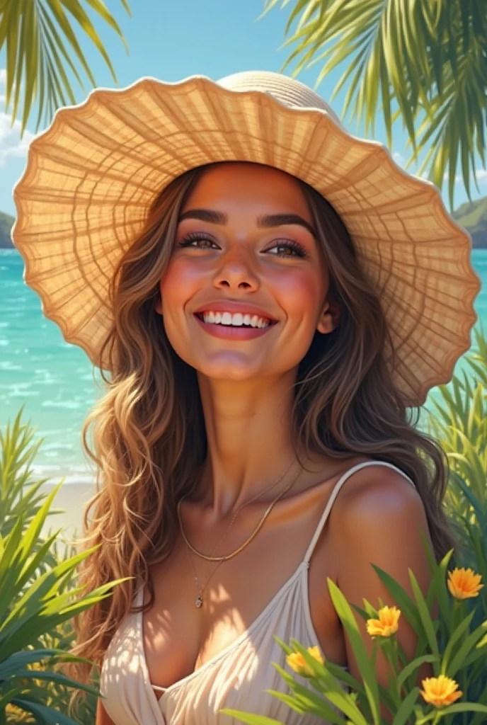 I need a pencil coloring picture of miss summer on a tropical beach --ar 3:4