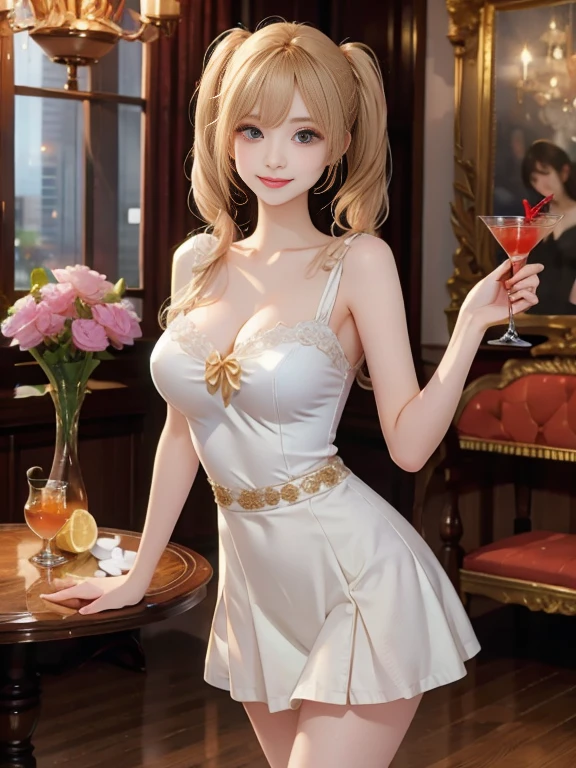  masterpiece, (improve quality 1.2) ( Detailed facial features 1.1), ((8K wallpaper)), (beautiful woman and white skin 1.3), ((1 girl asleep at a table in a medieval-style bar)), (with a dim and warm lighting 1.2), (eyes the color of honey), (( slim body 1.2), (dressed as a medieval maid), with a pearl necklace around her neck, ( long light brown straight hair 1.2), with several empty wooden glasses on the table. 