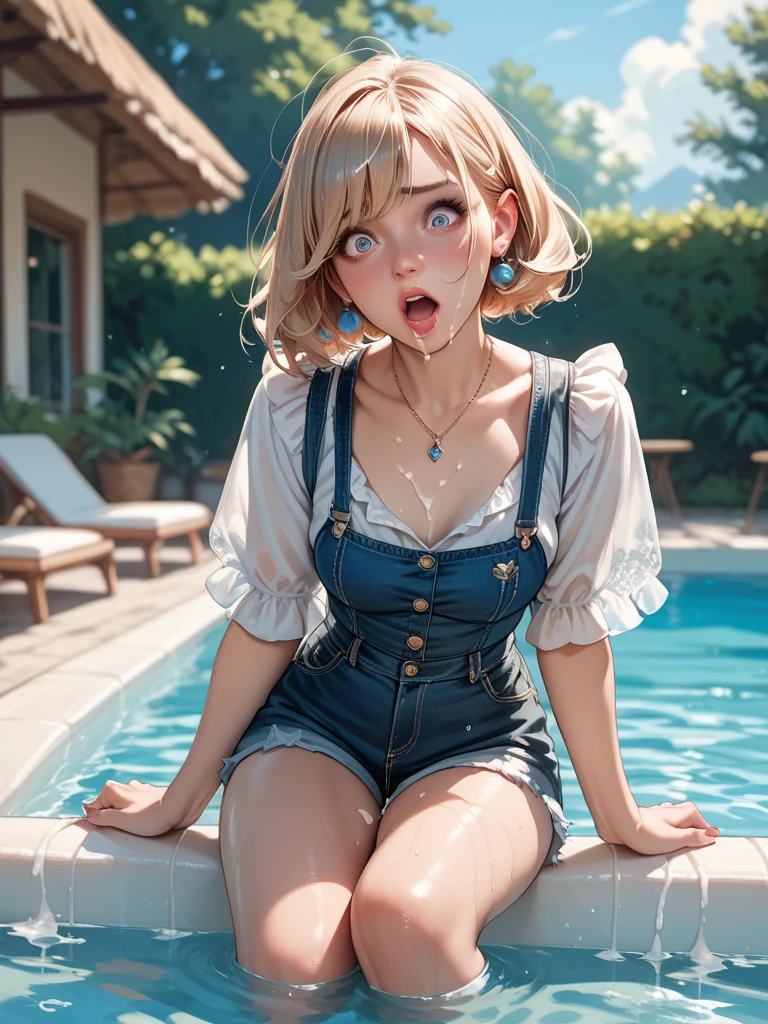 mwsterpeace, best quality, young 12yo preteen girl, blue bra, floral shirt, blonde, by a pond,