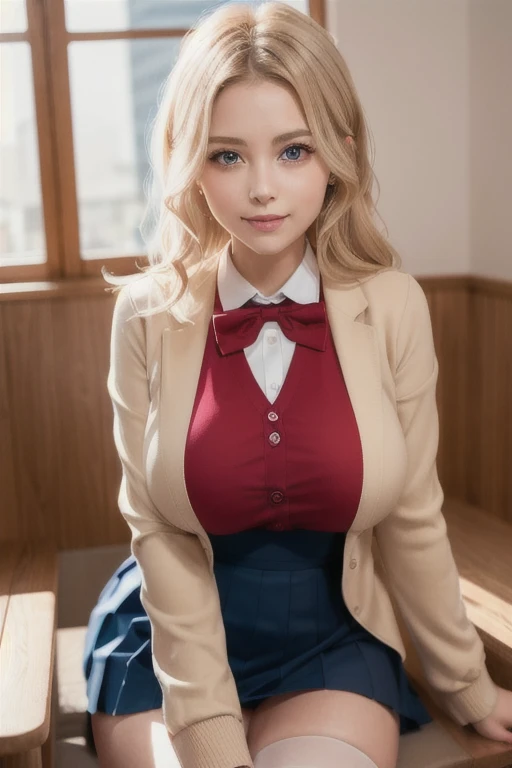 1girl, (Blue Eyes), (smiling :1.2), (Sana Minatozaki), (beautiful makeup :1.2), wide hips, big tits, big ass, (Best Quality, 8k, Masterpiece: 1.3), Clear Focus: 1.2, Perfect Body Beauty: 1.4, strong abs, Highly detailed face and skin texture, detailed eyes, double eyelids, (blonde long hair :1.2), cleavage, (white open dress shirt :1.2), (gray school blazer), (plaid skirt), ((japanese school uniform)), ((schoolgirl :1.3)), standing, dynamic pose, in a japanese school, blackboard in the background