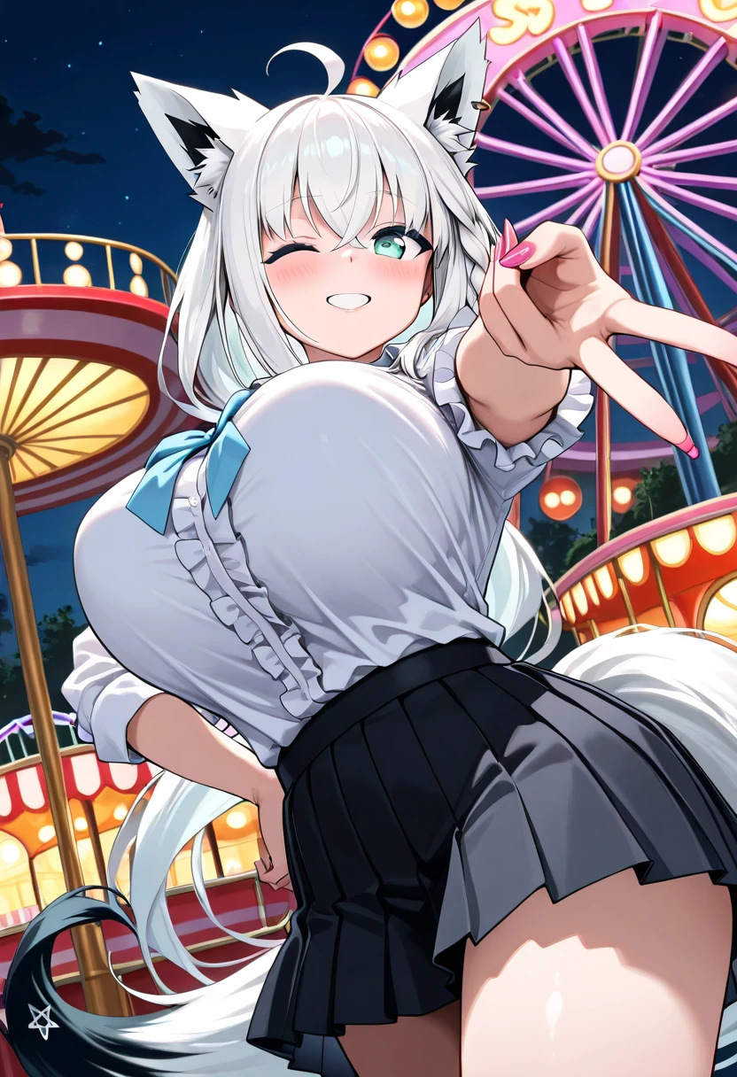 (pink vibrator remote switch in ), Highest quality, Very detailed, masterpiece, Ultra-high resolution, 8K, Ridiculous, Cowboy Shooting, Blurred, One Girl, Embarrassing, blush, Lovely, , Tears in the eyes、Open your mouth, What saliva leaves behind, Wet skirt hem, Not wearing pants, Bulging of the vibrator cord, Vibrator with Garters, ,Squirting、night、In an empty city,NFSW+, 3 silver wolf\(Collapse Star Rail\), Grey Eyes, Grey Hair, Long Hair, ponytail, hair ornaments, Wear blue lens sunglasses on your head,A look of expectation, Heavy breathing, Excited, sexual excitement, Seduce, blush, Shiny skin, Silky skin, (aphrodisiac),(trembling),