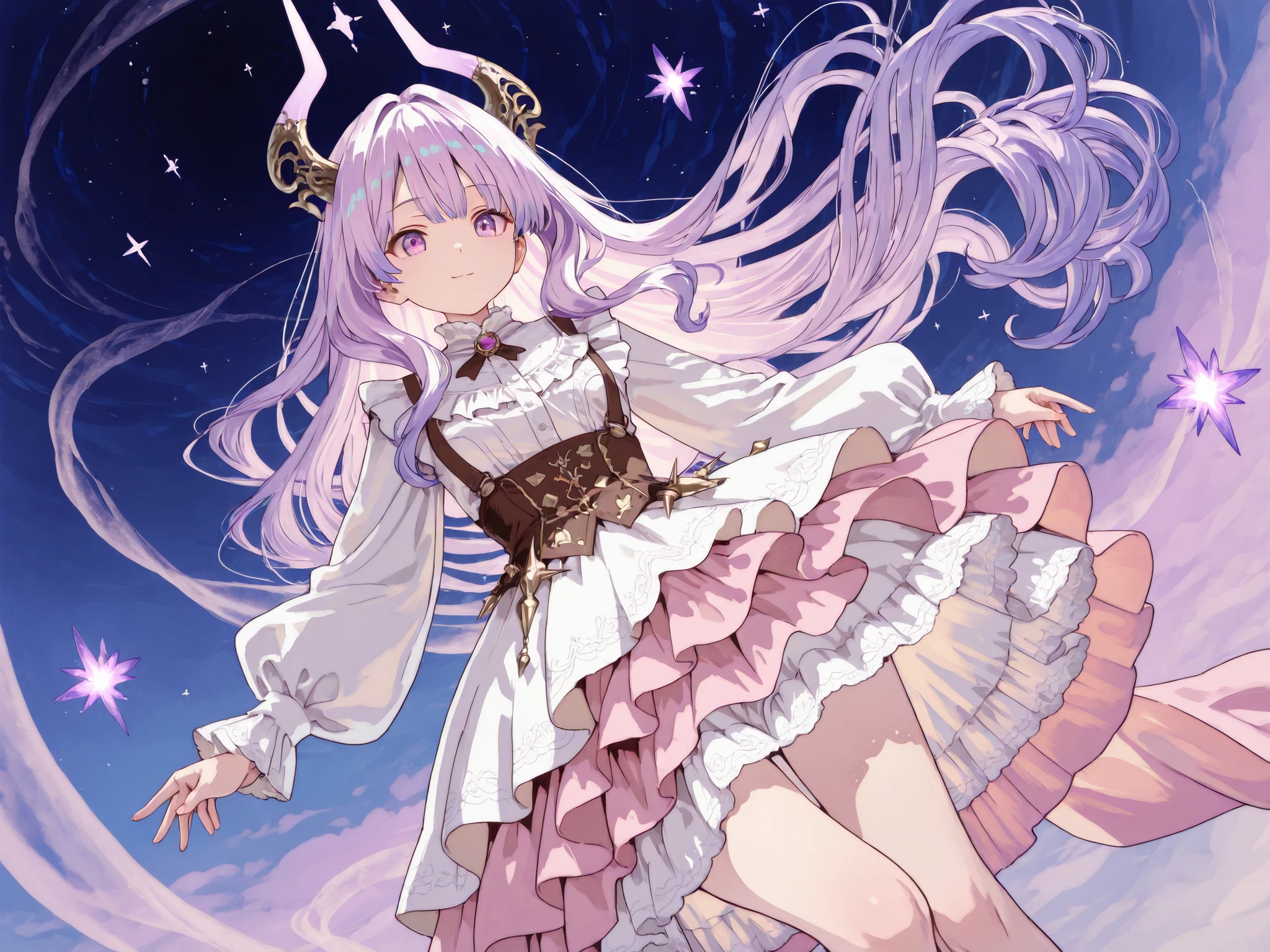 A fantasy-inspired character wears an elaborate and ornate costume. The character has long , The flowing hair is paired with white and lavender tones, creating an ethereal and soft look. The striking horns curve upward from the head, adds to the fantasy theme. The costume incorporates ruffles and frills, A white and pink fabric combination. puffy, The long-sleeved look,The layered skirt highlights the carefully designed costume with Victorian or Tasmanian fashion influences. The vivid colors and delicate textures give the costume a vibrant feel, Fantastic Texture. A floating, Spherical objects and spikes hover around the character, adds a whimsical element to the scene . The overall style combines fantasy and anime elements, Creating a visual that is both imaginative and detailed.