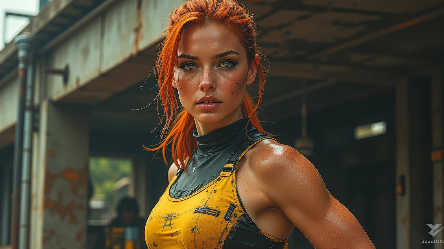A woman with red hair and a tank top standing in a room, cinematic body shot, cinematic bust shot, detailed cinematic render, Cinematic realistic portrait, arte do personagem do motor irreal, cinematic bust portrait, Personagem pequeno. Motor Unreal 5, cinematic close-up of bust, Cinematic Goddess Body Shot, suado 4 k, estilo cyberpunk hiper-realista, 8k portrait render