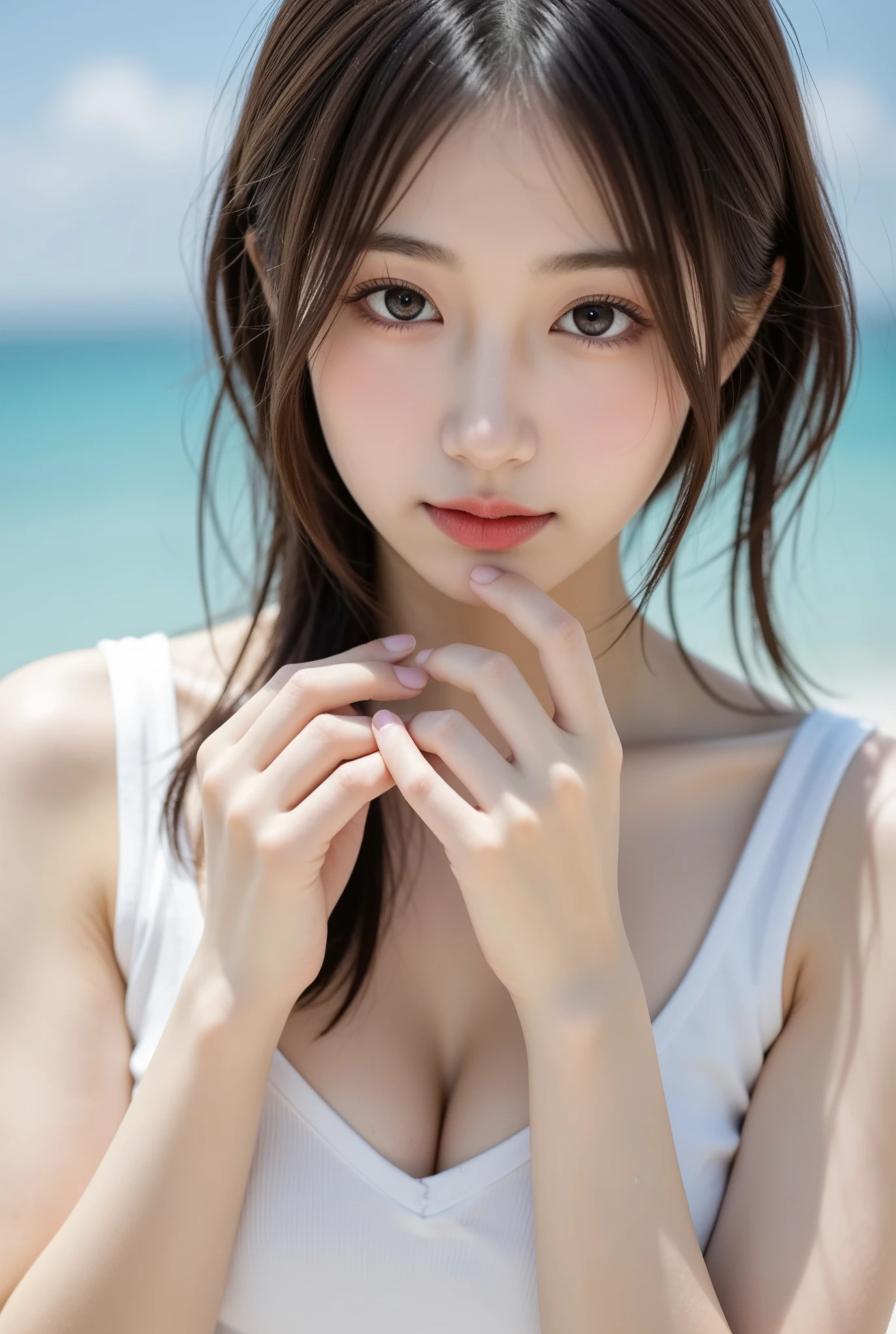 masutepiece, Best Quality, Illustration, Ultra-detailed, finely detail, hight resolution, 8K Wallpaper, Perfect dynamic composition, Beautiful detailed eyes , the beach, Sexy face,Face feeling ecstasy,Face at the peak of sexual arousal