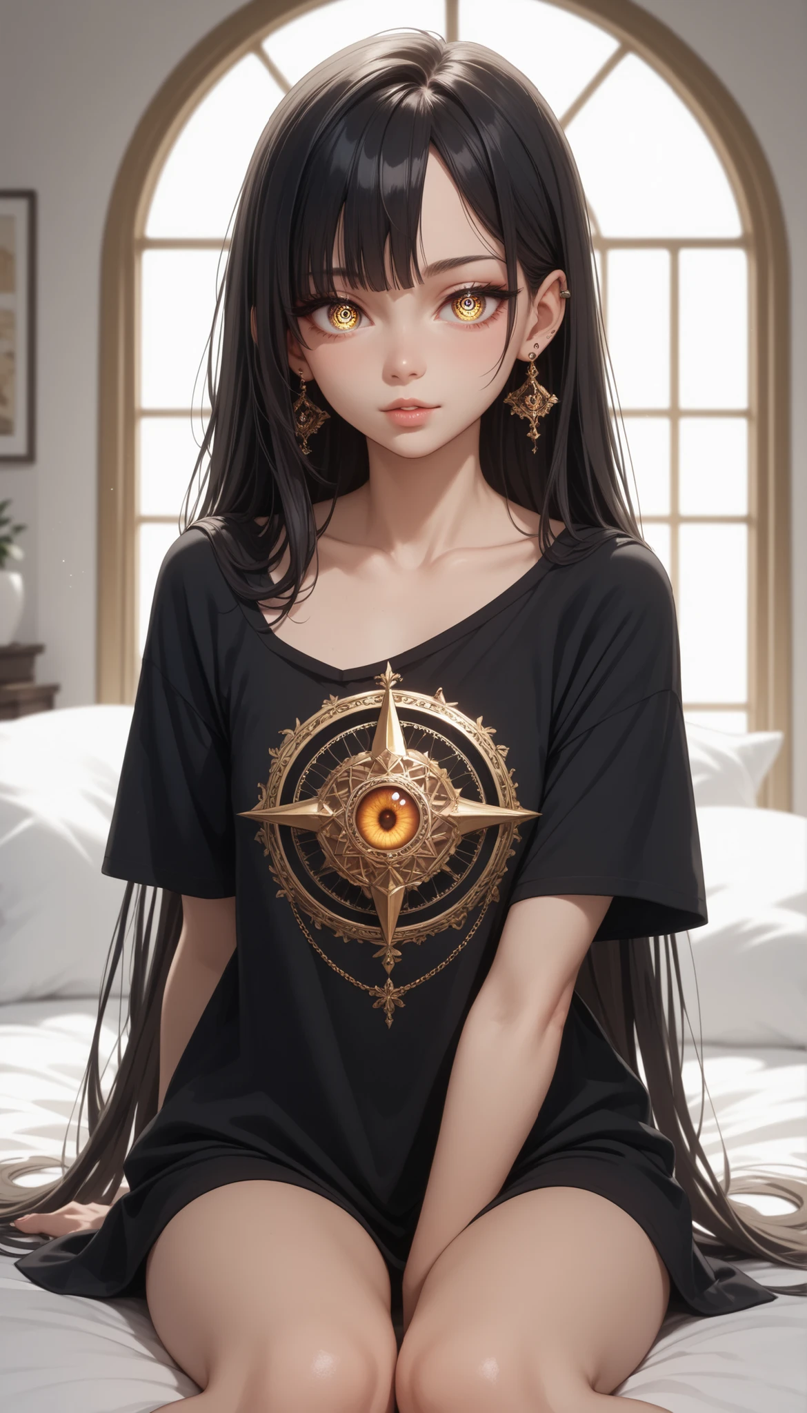 INCREDIBLY HIGH DEFINITION,masterpiece, Top quality, amazing quality from bottom left diagonally,Top quality,BEAUTIFUL EYES,Unbelievably Weird Hi-Res ,intricate details, HD Skins,solo,dark haired,The hotel on the right,bed,Oversized black t-shirt,gold,(with one eye hidden with hair),piercings,Small Breasts,glass,Triple Eye,