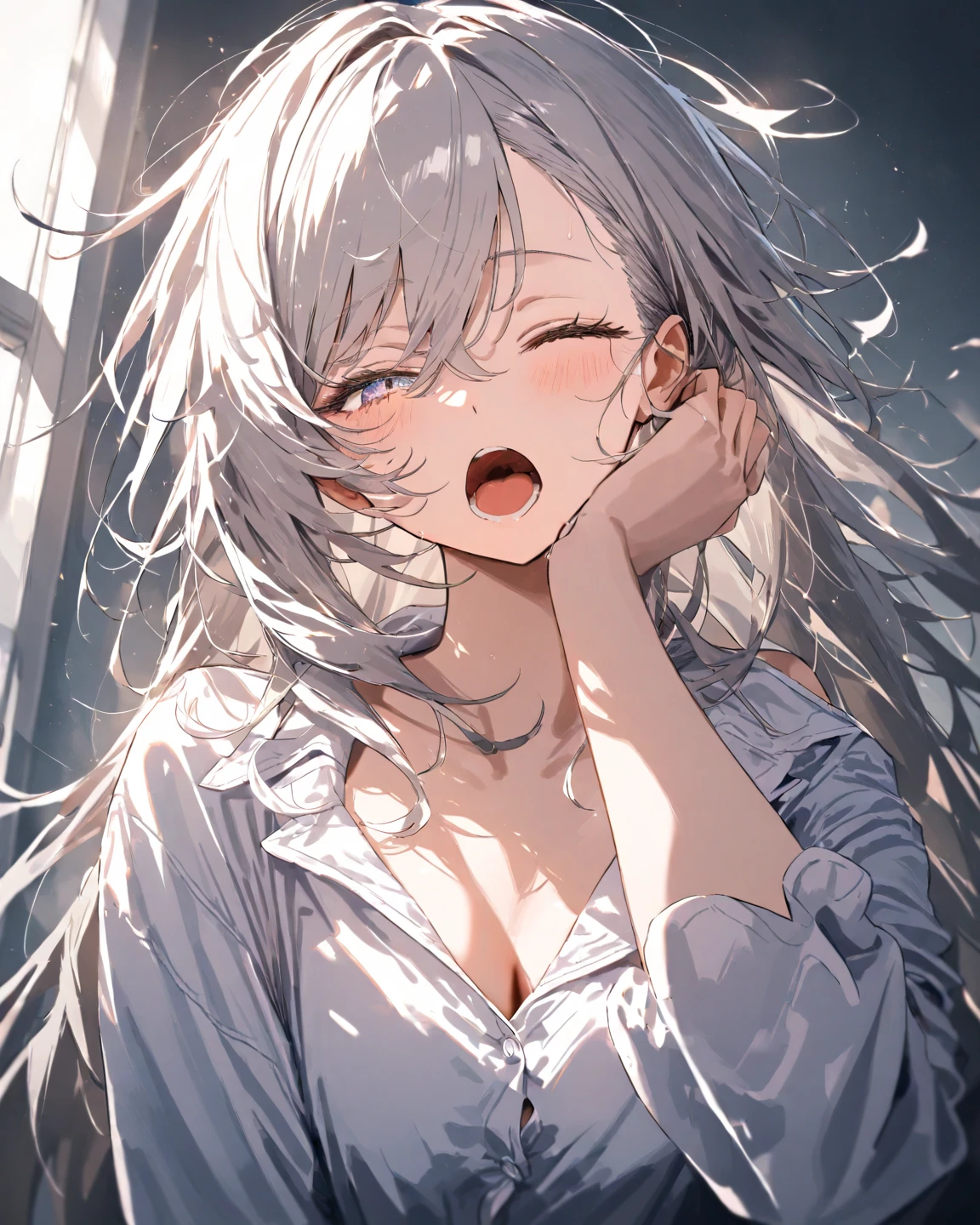 Woman with long white hair, sitting on a pink surface, gapmoe yandere, white haired deity, gapmoe yandere grimdark, seductive anime girl, ;open mouth, with long gray hair, the anime girl is crouching, with white long hair, Girl with gray hair, white haired, female anime character, perfect white haired girl