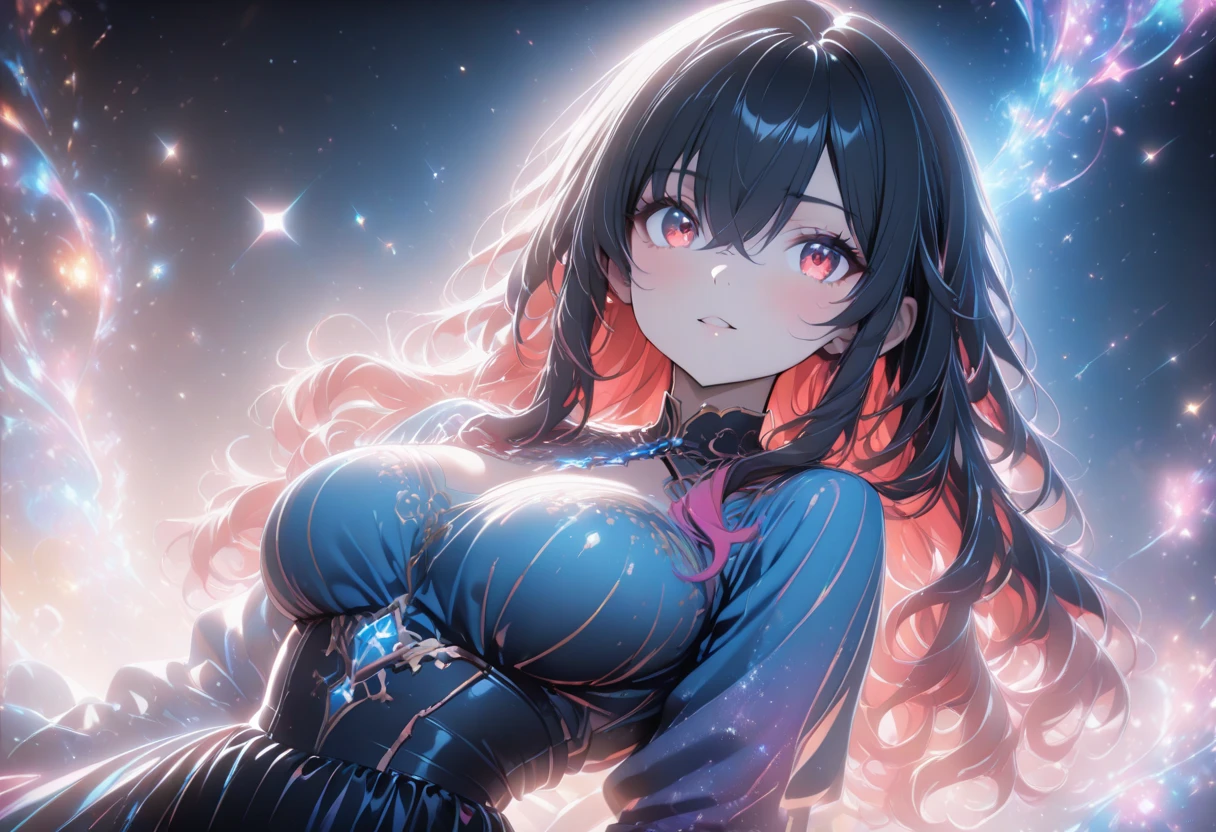 (fully body) blue light effect, dynamic light effect, medium hair, beautiful face, 14 year old girl, medium breasts, giant cleavage, huge and muscular ass, muscular thighs, black hair with light ends, hiding hands, she is naked
