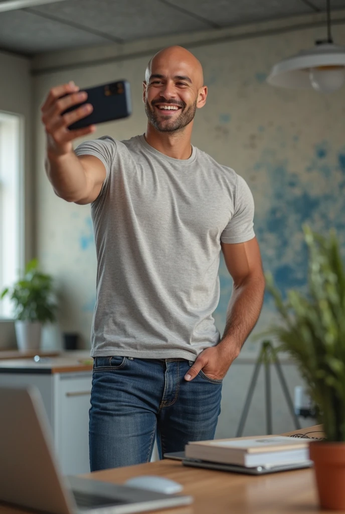 man leaning to the right, showing his cell phone, Grey shirt, orange pants, and showing his thumb up