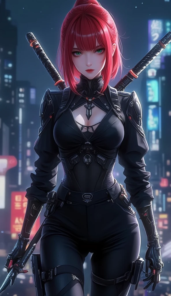 A beautiful princess with short orange hair, dressed in cyberpunk armor, wields a medium-sized sword. Her face is hyper-realistic and incredibly detailed, with bright, dramatic colors that evoke a vaporwave and retrowave aesthetic. The background is an art track, full of colorful and intricate details. The overall image is extremely detailed and presented in UHD 16:9 format.