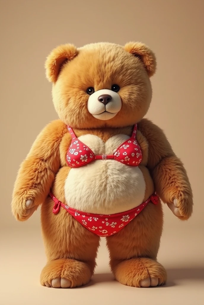 A 30-year-old woman with red lips and a slim, oval face is standing in a seductive pose next to a bear at the Kremlin Palace in Moscow, Russia. She has brown hair with a hint of blue, styled in a long braid. Her eyes look straight ahead, and she has a charming smile. She is wearing many pieces of jewelry. Her skin is fair, and she has a slender body, not fat, with a large, sexy chest and large, sexy hips. She is wearing a bikini with white and purple tulip prints. Her arm is raised high, striking various poses.