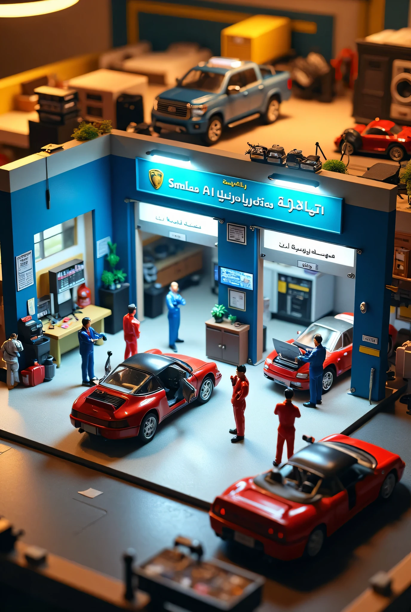 “A miniature garage workshop scene in Tiny Figures style, showing a small, bustling auto repair center with tiny mechanics working on cars. Include detailed miniature tools, car lifts, diagnostic machines, and a front desk with a digital display showing ‘Smart AI Diagnostics’. The garage has a sign reading ‘الفحص الذهبي’ in Arabic on the front. Make it colorful, vibrant, and full of small activity, giving the feeling of a high-tech yet friendly auto service center. Daylight scene, with warm lighting and shadows, showing realism in a diorama-like setting.”