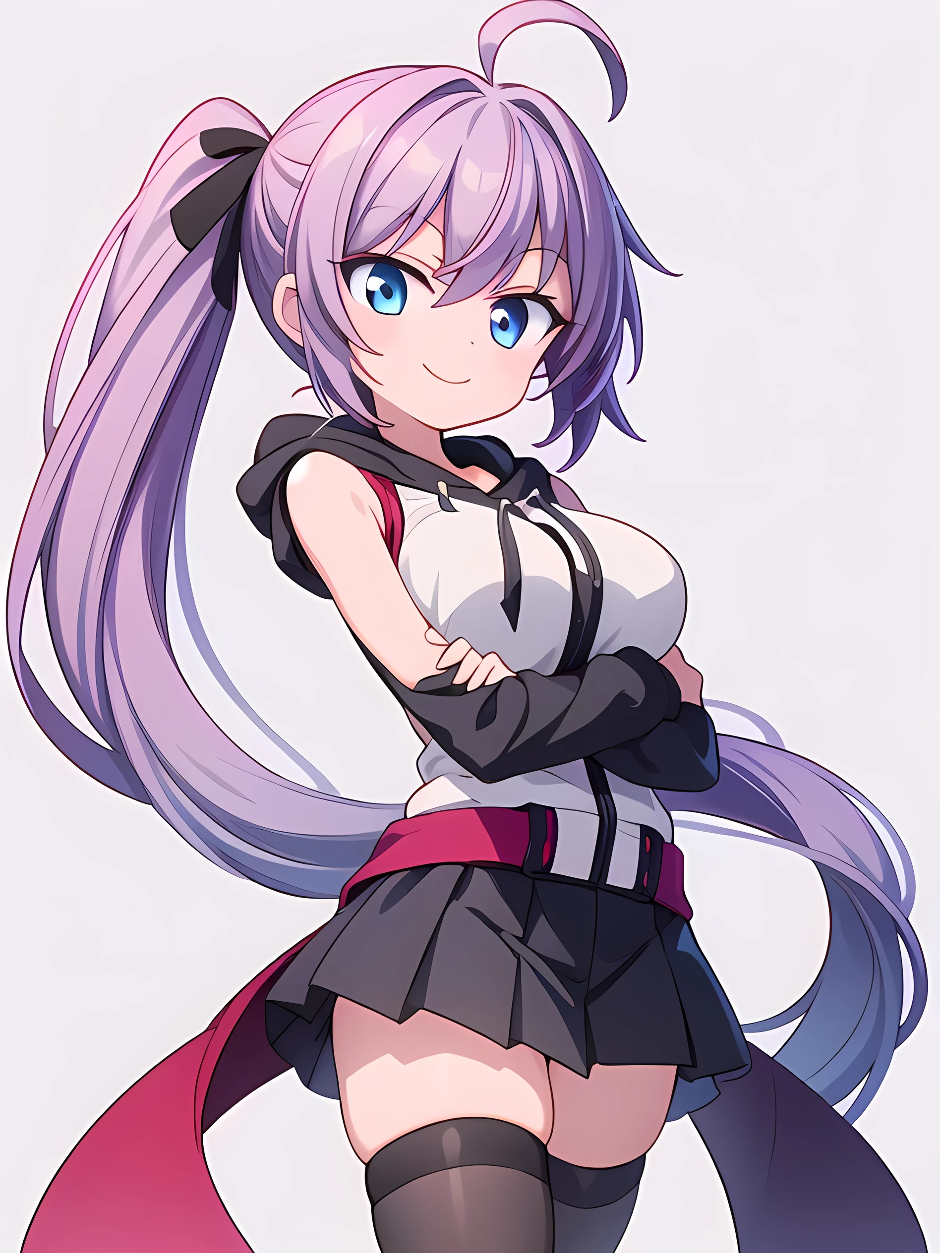 Anime girl wearing a sleeveless shirt the middle of her chest is visible and she is wearing fingerless gloves and she is wearing a short skirt, he works as an assassin and he is holding a knife, her face is angry with a smile and she is 16 years old. He&#39;s not wearing a jacket. She is white skinned, long hair