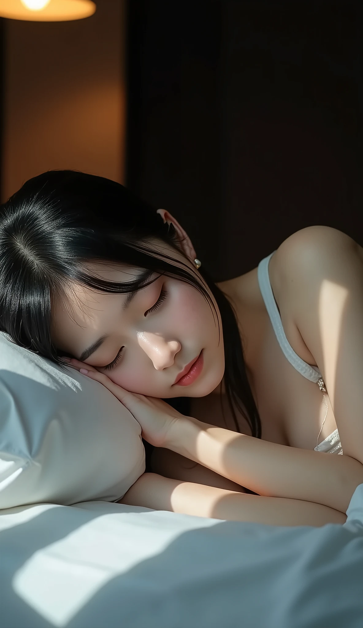 ((full body shot:1.ung Japanese woman sleeping on her side in a hotel bed)、((dating))、(Photographed from directly next to a woman:1.4)、Late Night、(angle of sleeping face from the side)、High-rise suite、The room has dark light bulb lights、(( white camisole dress))、white skin、BEAUTIFUL BLACK HAIR、Straight Long Hair、light makeup、(dynamic pose:1.4)、women are closing their eyes、(Beautiful huge breasts)、RAW pictures、16K、Reality、professional photography techniques、Ultra High Definition、16K、Real Photo