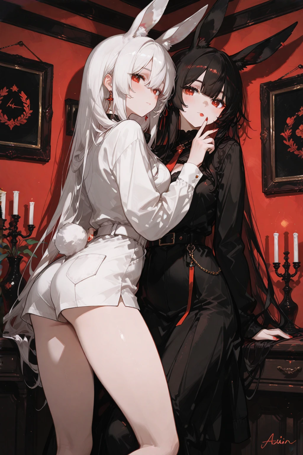 "2 girl, ((Masterpiece)), [Slim], (Small breasts), Pale skin, ((Detailed eyes)), (Background blur), ganyudef white hair, Red eyes, villainous, Dark theme, [eyes liner], Evil". . Pantyhose. Embracing. Blushing, sweating. Naked, . Riding on top. Lesbian. , defloration.  Groping. [Large horse cock. Hold, lick.]