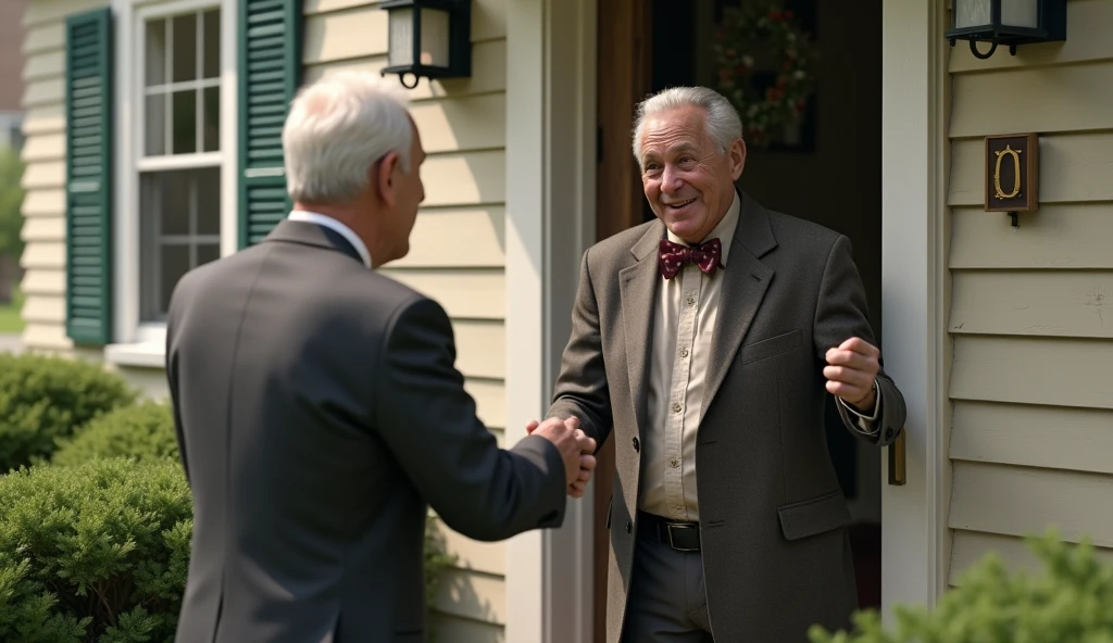 Visualize Jack, a middle-aged white man in a formal suit and tie, approaching his neighbor's door.
He's never met her before and wants to make a good impression.
His neighbor opens the door, dressed casually.
Jack extends a formal and crisp handshake, introducing himself.
The interaction remains cold and business-like.
They exchange a few obligatory words before parting ways.
