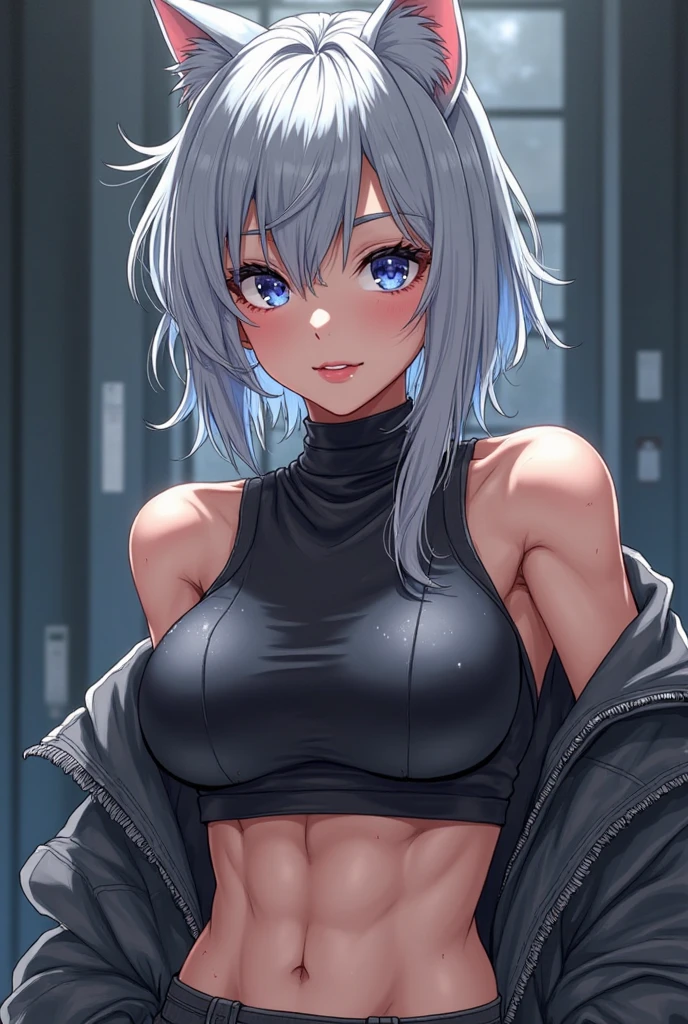 highest quality, 32k, Raw photo, incredibly Abdominal musclesurdres, Very detailed, Delicate texture, (Beautiful and beautiful eyes: 1.2), (One girl),White crop top, Short gray hair,leather shorts, Oversized leather jacket, Upper Body, Abdominal muscles,Sweat, Ahegao, Roll your eyes, blush, Drooling,body fluid,indoor, night,