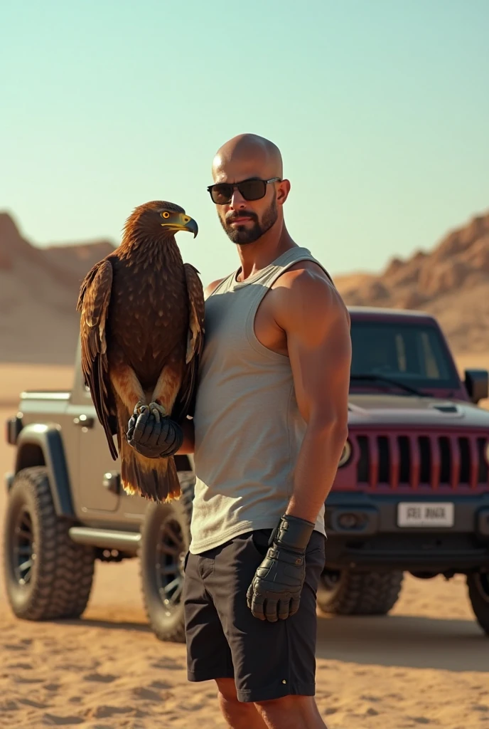 Two handsome shirtless men in gold pants skinny white skin in the desert with a falcon and two leopards 