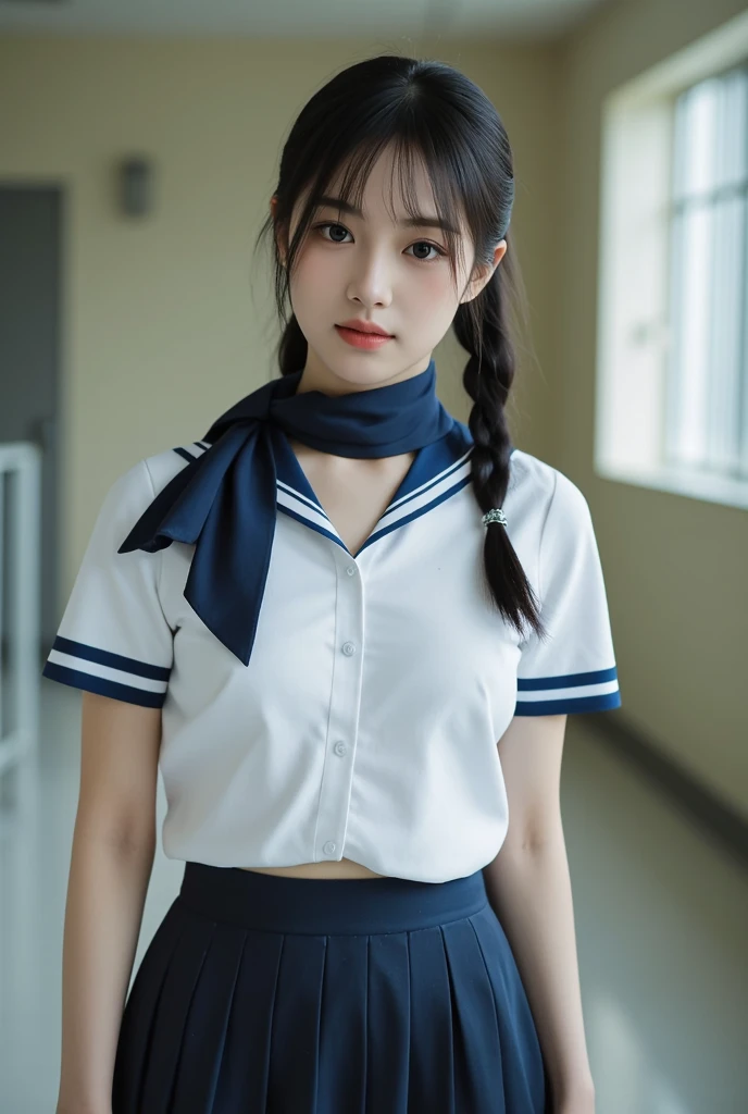 masterpiece:1.2, Very detailed, Ultra-high resolution, Realistic, photo Realistic:1.6, High-resolution RAW color photos, Professional photos, Sharp focus:1.2, Very detailed顔と肌の質感, Very beautiful eyes, Glossのある肌, Glowing Skin, Glowing Skin, Shining Face, Gloss, Oily skin, greasy face, Oily skin, greasy face,, real Glossのある肌 texture, Perfect Anatomy, Very detailed背景,(High school classroom at night),1 female,25-year-old woman, Japanese women,short hair, Straight hair, bangs, Brown Hair,((Flat Chest:1.6)), ,((A very see-through white short-sleeved sailor suit:1.9)),((Wet, see-through clothes:1.5)),((Colored bras in sailor suits:1.5)),Smiling faintly,((Viewer discretion advised 1.8))
