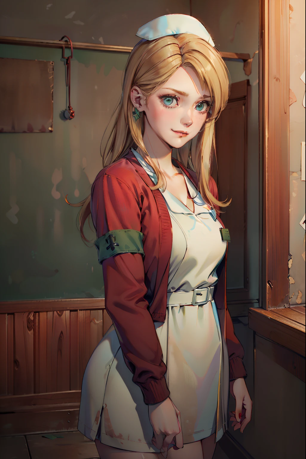 LisaGarlandSH, (extremely detailed CG unity 4k wallpaper),(best illustration),(best shadow),(absurdres), White Nurse dress, burgundy Cardigan, Blonde long hair, Green eyes, nervous pose, weak fake smile, Abandoned Dark hospital interior background,