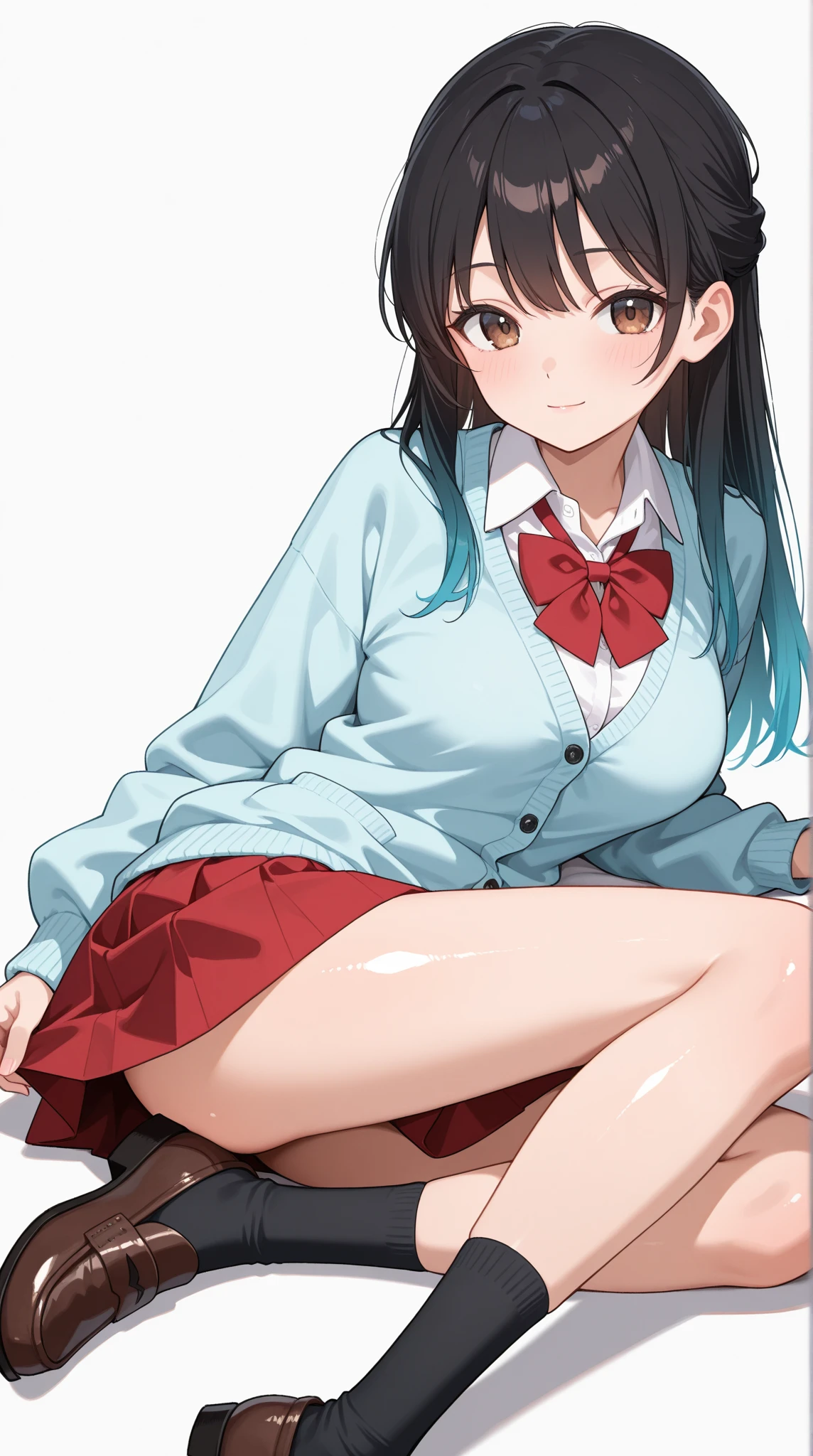 white background,masterpiece, highest quality,figure,sailor suit,slanted eyes,straight hair,brown hair,Side division,super dense skin,surprised,detailed and beautiful eyes,blush,short sleeve shirt,red eyes,(big breasts:1.2), (A raised and well-defined bust:1.2), (lifted chest:1.2), (perky chest :1.2),cover one&#39;s chest with one&#39;s hands,high school girl,undressing,black lingerie,school changing room,undressing,take off half of your clothes,black bra