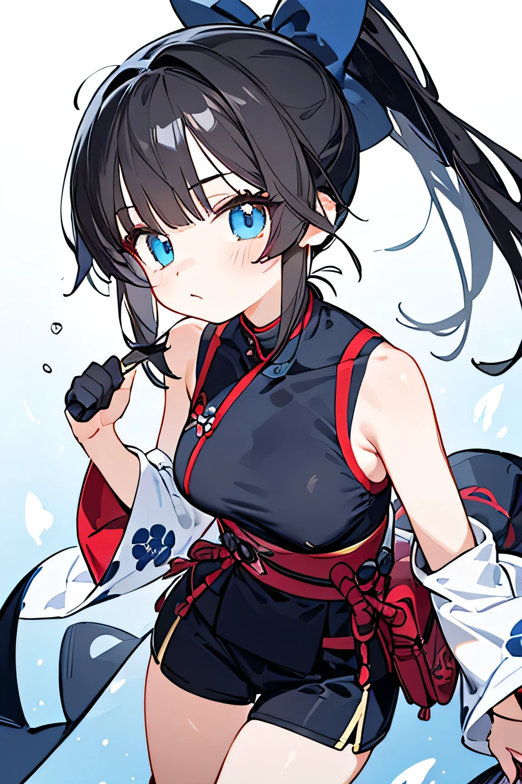 NINJA WIND,Beautiful girl,((nape ponytail)),mystical vibe, natural body,Hand guard,(sleeveless x kimono style+long hem x shorts=navy blue ninja costume)Niso x foot bag,Detailed Clothes,(Slender Body,marshmallow breasts ,),BEAUTIFUL BLACK HAIR,Beautiful blue eyes ,well-groomed face,Clear Skin,Fair skin,Japanese face,