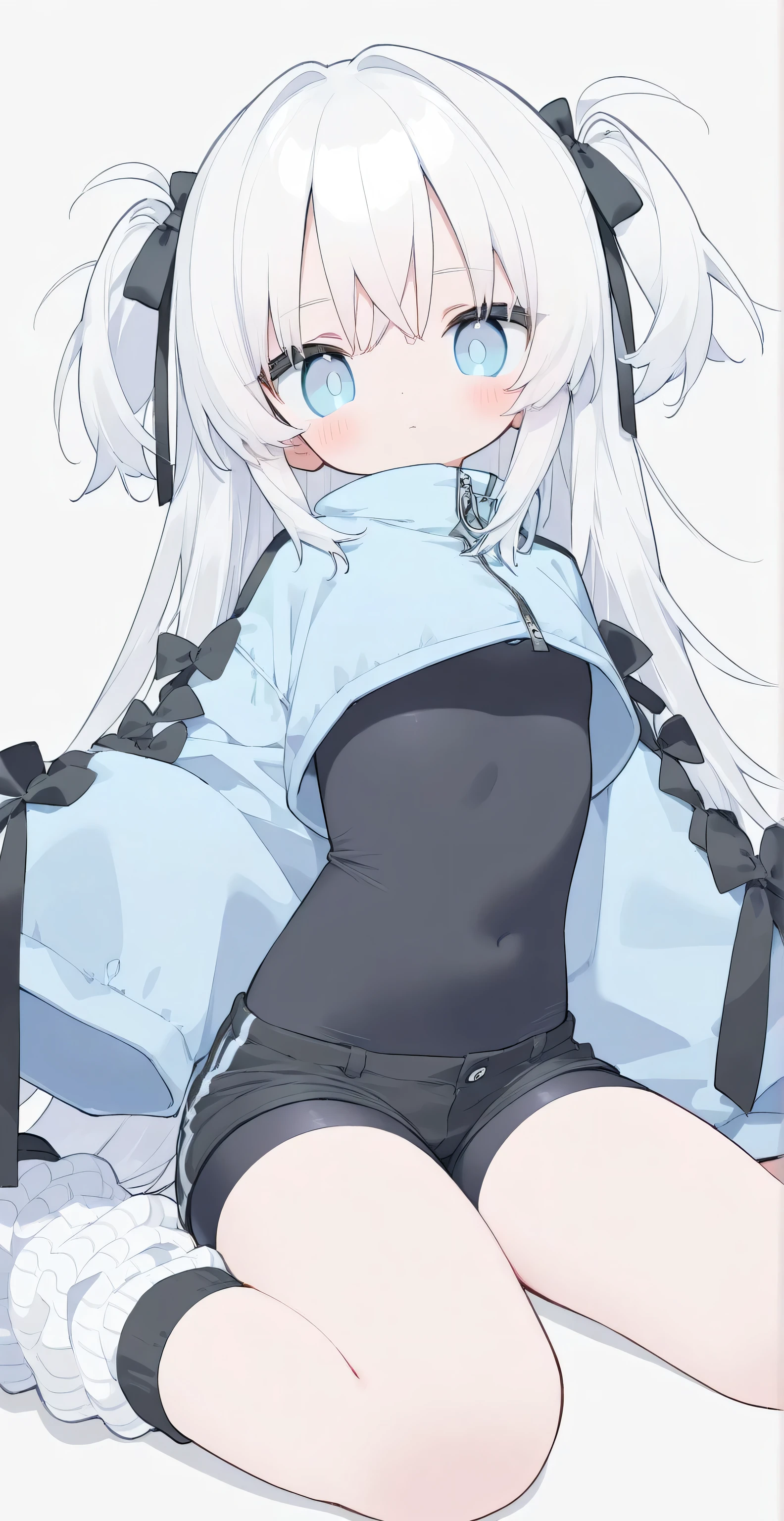 Masterpiece, Best quality, {Best quality}, {{Masterpiece}}, {A high resolution}, Original,only girl,1girll,{An extremely delicate and beautiful}, White hair,Blue hoodie,mechanical headgear,Black stockings,Different eyes,Blue left eye and green right eye,No pants,A mechanical girl in a blue hoodie,fleshy feeling,Anime,Open her Legs