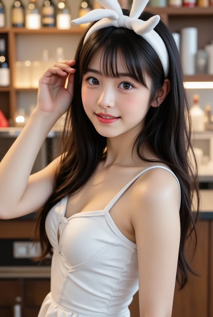a lot of details, (underweight), 30 years old, detailed black hair, beautiful detailed hair, super fucking beautiful, delicate beautiful face, complex details beautiful and delicate eyes, perfect hands, (flat chest best quality:1.5), perfect and delicate limbs, detailed skin, best quality, ultra-detailed,(cheerful grin:1.3),
bar, sitting, legs spread:1.2, looking down, long hair, white off shoulder top, cream mini skirt, light blue underwear, Panties are visible:1.3,japanese, in the bar, with a table, with a sofa, chill atmosphere, cowboy shot:1.2, front view:1.5, low angle shot:1.3