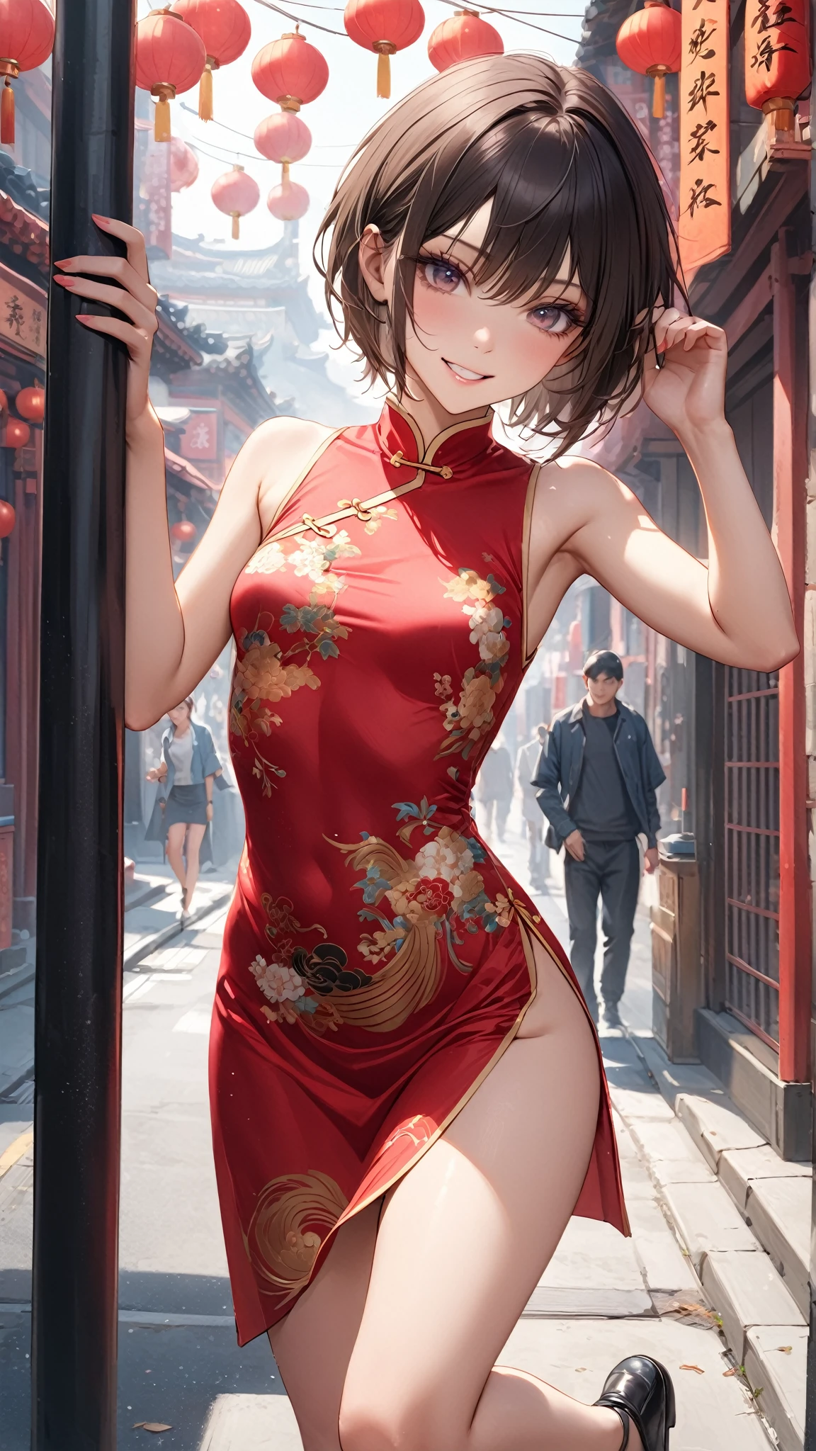 Positive Focus、top-quality、hight resolution、super precision、8K、(One woman)、(((extra detailed face)))、8 head body、
Colorful、Fine skin、Deep slit、off shoulders、
Beautie、Bright expression、Surprised、red blush、plump eyes、Eyes sparkle、
(((Luxury cheongsam)))、(((Colorful cheongsam)))、ample breasts、thighs thighs thighs thighs、gem stones、
(Photorealistic backgrounds)、(street corner)、(Crowds)、 Watching the viewer、
(Untying hair)、(((hair adornments)))、(Hide your fingertips)、(((Refers to 5 books)))、
(Composition looking up from a low position)、
,camel toe , Leotard, Show your underwear, Show your breasts, tits,