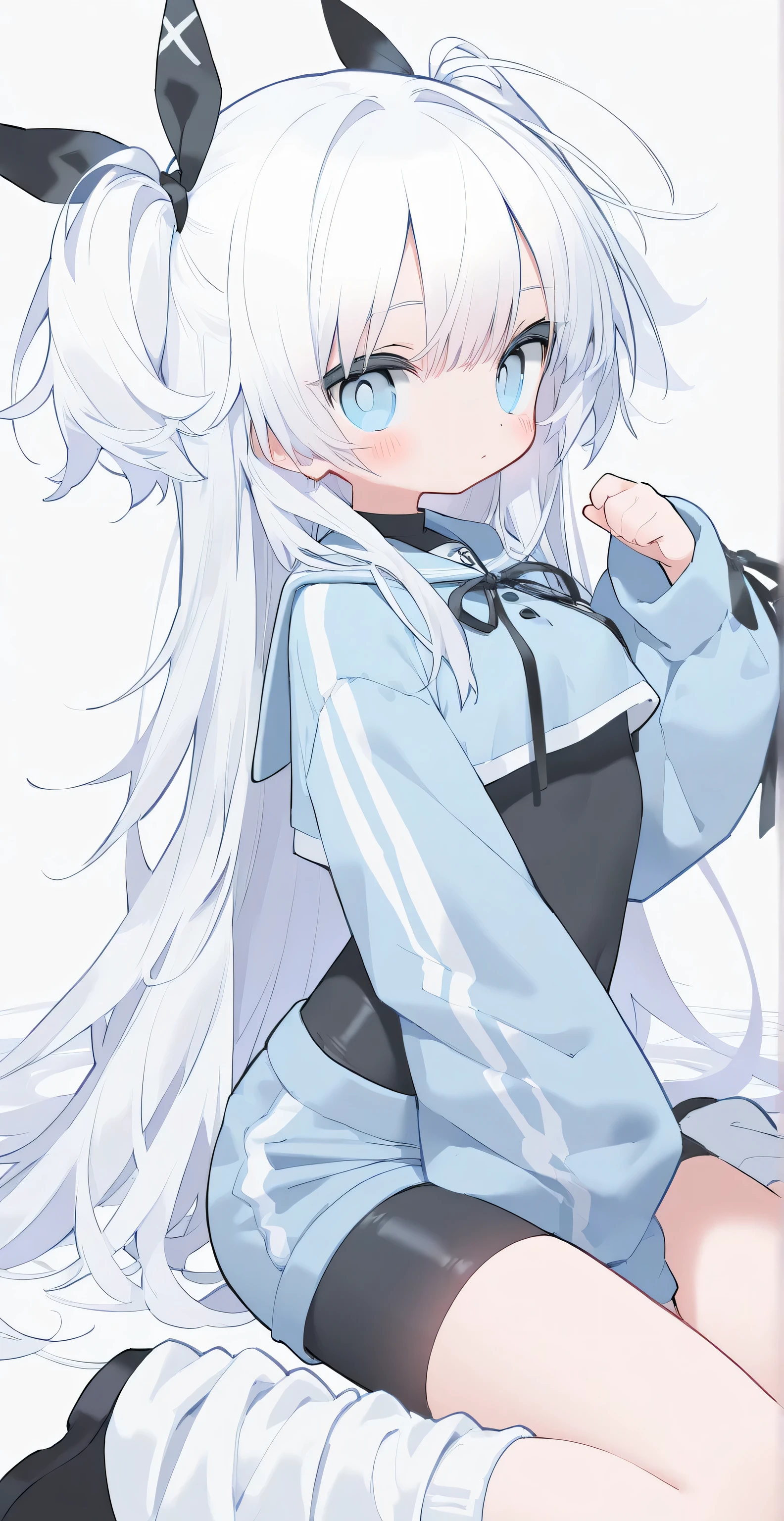 short pants, flat chest, clothed, covered body, black tight clothes, light blue cropped clothes, oversized longsleeve, loose socks, white hair, light blue eyes, two side up, medium breasts, wariza, black ribbon