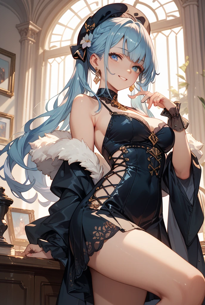 (photorealistic: 1.4), (masterpiece, side lighting, beautiful finely detailed eyes: 1.2), masterpiece*portrait, realistic, 3d face,
Ganyu \(Genshin Impact\), 1girl, sitting on a corset chair of choker leather