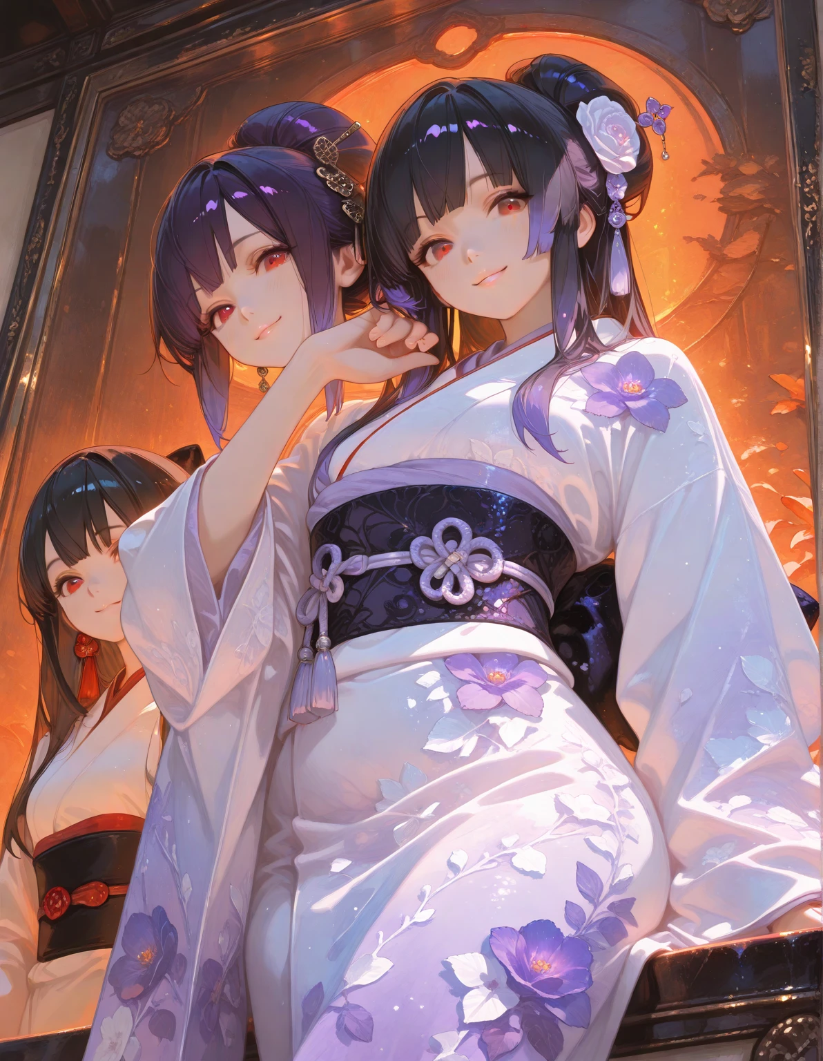 4girl 1 lady Sitting posture Crystal seat Japanese kimono style Gorgeous three-legged Jin Wuwen kimono Tian Congjian Bachi Qiong Gouyu Big breasts Black silk long hair Heterochromatic pupils Goddess Liwei Fenghua Gorgeous ancient costume Wearing accessories Earrings Necklace Ring Jewelry Gorgeous 3maid Standing posture gentle expression Soft and super realistic around lady care Japanese kimono style gorgeous three-legged Jin Wuwen kimono Tian Congjian Bachi Qiong Gouyu big breasts black silk long hair heterochromatic pupils Goddess Liwei Fenghua gorgeous ancient costumes wearing accessories earrings necklaces ring jewelry gorgeous gorgeous sun crowd majestic and dignified
