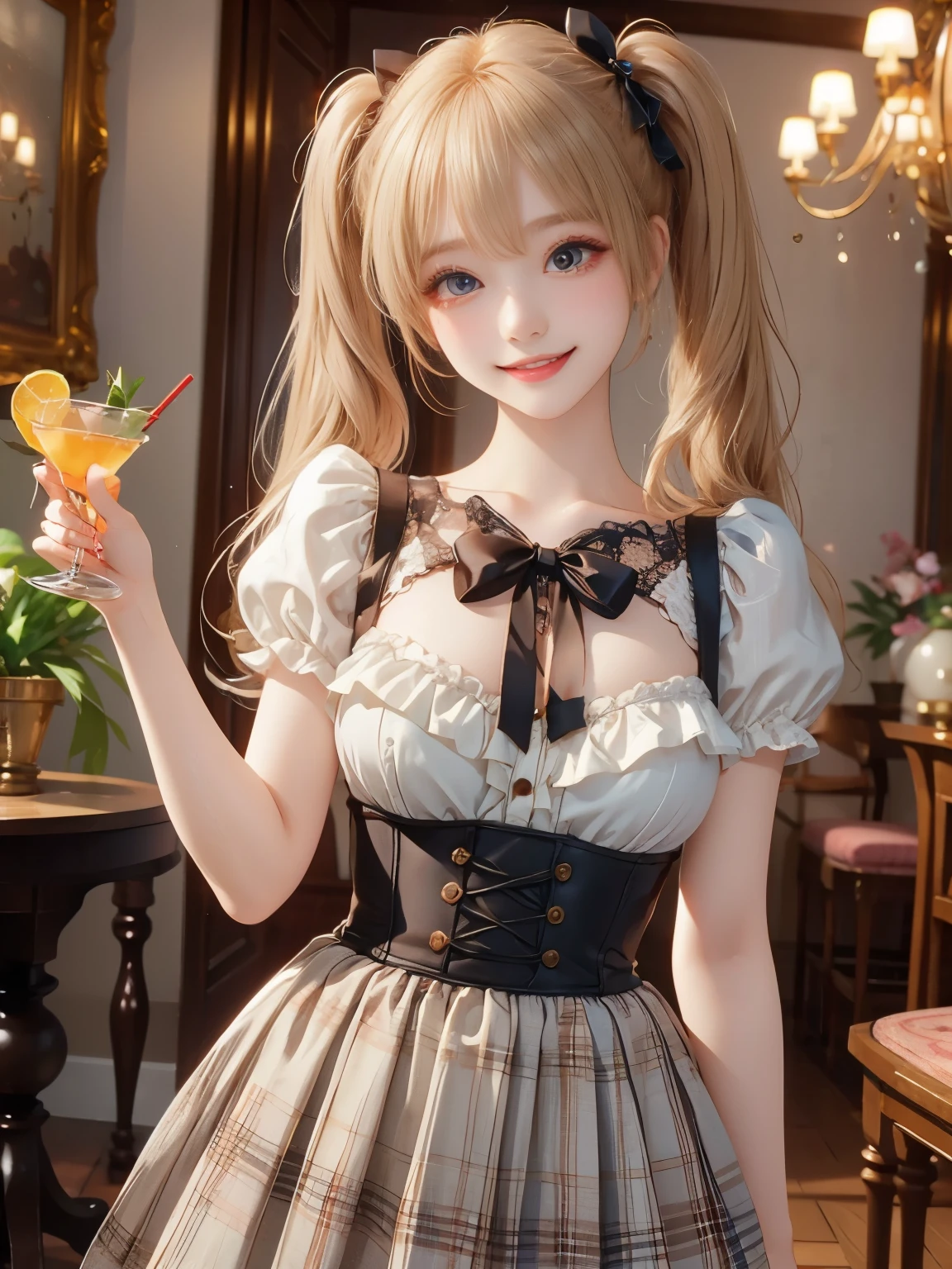 (masterpiece,best quality: 1.4),(8k,raw photo,photo realistic:1.2),shiny skin, detailed skin,detailed face,detailed eyes,Japanese idol,beautiful face, Big party room, round tables, lots of guests, chandeliers ,one beautiful girl, very pretty, petite, (large breasts), (blond hair, twin tails), (happy smile:1.2), (holding cocktail glasses:1.1), (standing, sexy poses), ta fashion, hyperdetailed clothing and fashion, detailed dress, ornate dress, print dress, bow, ribbon, ta hairband, frills, ruffles, hair ribbon, hair ribbons