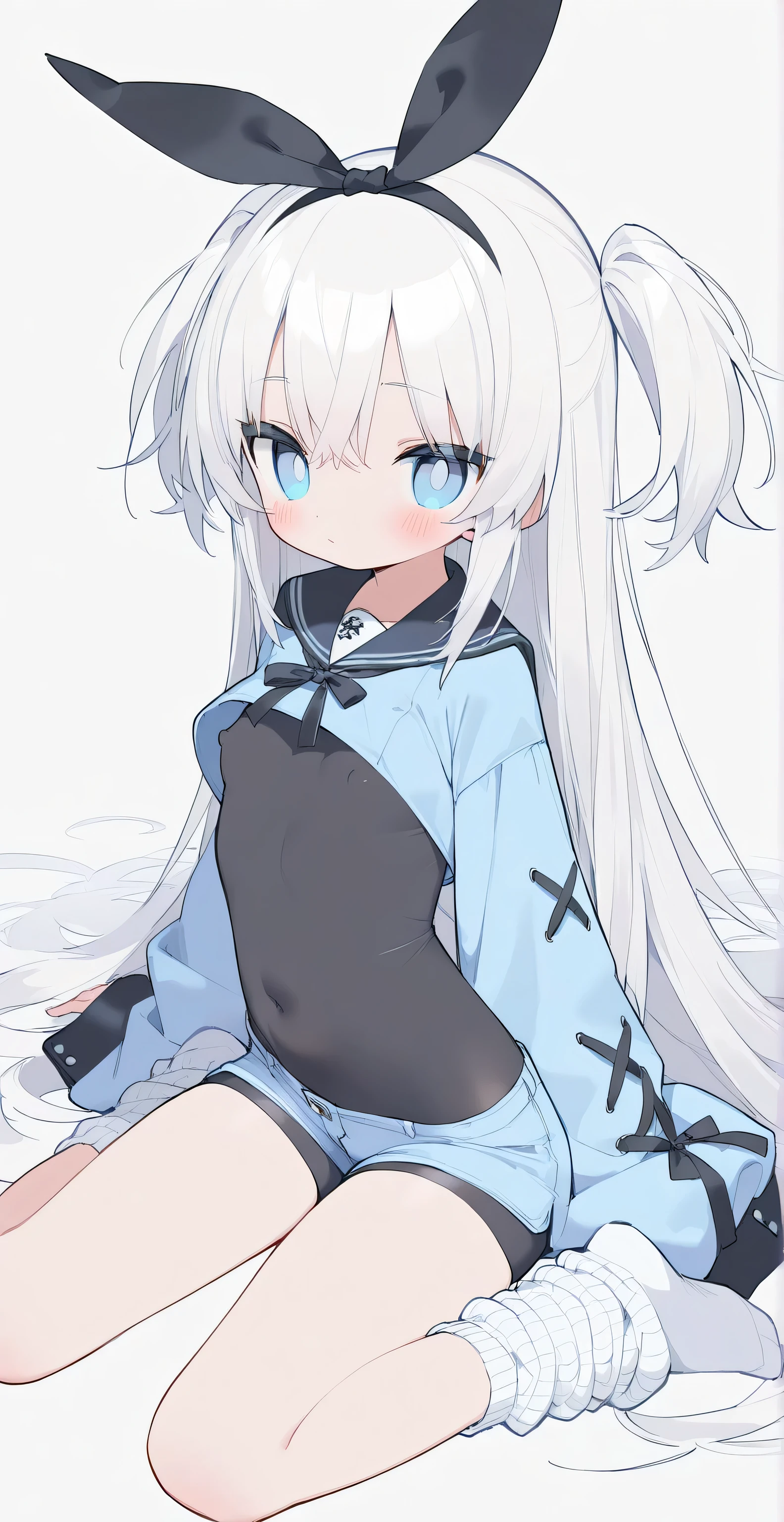 32k, best quality, ultra high res, HDR, UHD, extremely detailed CG, unity 32k wallpaper, 1girl, solo, long hair, breasts, looking at viewer, blush, smile, bangs, blue eyes, large breasts, simple background, long sleeves, white background, dress, closed mouth, blue hair, full body, braid, white hair, thighs, multicolored hair, black footwear, high heels, two-tone hair, sweater, bare legs, turtleneck, squatting, ribbed sweater, turtleneck sweater, sweater dress, grey sweater, front,((open legs)),