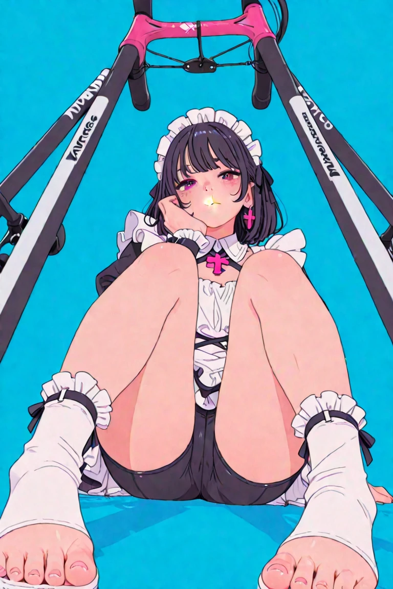 A maid with black hair and glasses wearing large pink rubber gloves and a gentle smile cleans the toilet