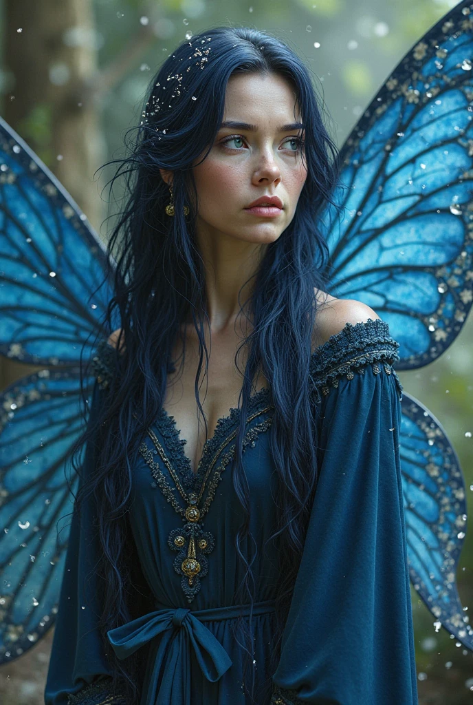 An adult fairy with dark blue long hair and blue eyes. She is in her mid 40s. She has dark blue fairy wings, that look like they are made of oil water. She has a wise expression. She wears medieval clothing.
