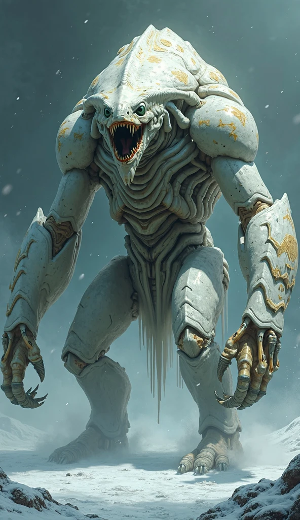 ((best quality)), ((masterpiece)), (detailed), an alien creature, humanoid, gigeresque, pale, translucent skin, smooth skin texture like a dolphin, no hair, round head, (bulbous head), (xenomorph face), (no eyes), (smooth face), (bright gums) like a shark's mouth, (a long tongue coming out of the mouth with a squid-like beak), (protrusions along a skeletal ridged back), (breathing holes on the chest), a tail that splits into three tentacles, long skinny arms that it walks on, where the legs would be is another set of arms that are used for grabbing, H R Giger, Clive Barker's The Thing, xenomorph, necromorph, predator, Engineer, sci fi horror, cosmic horror