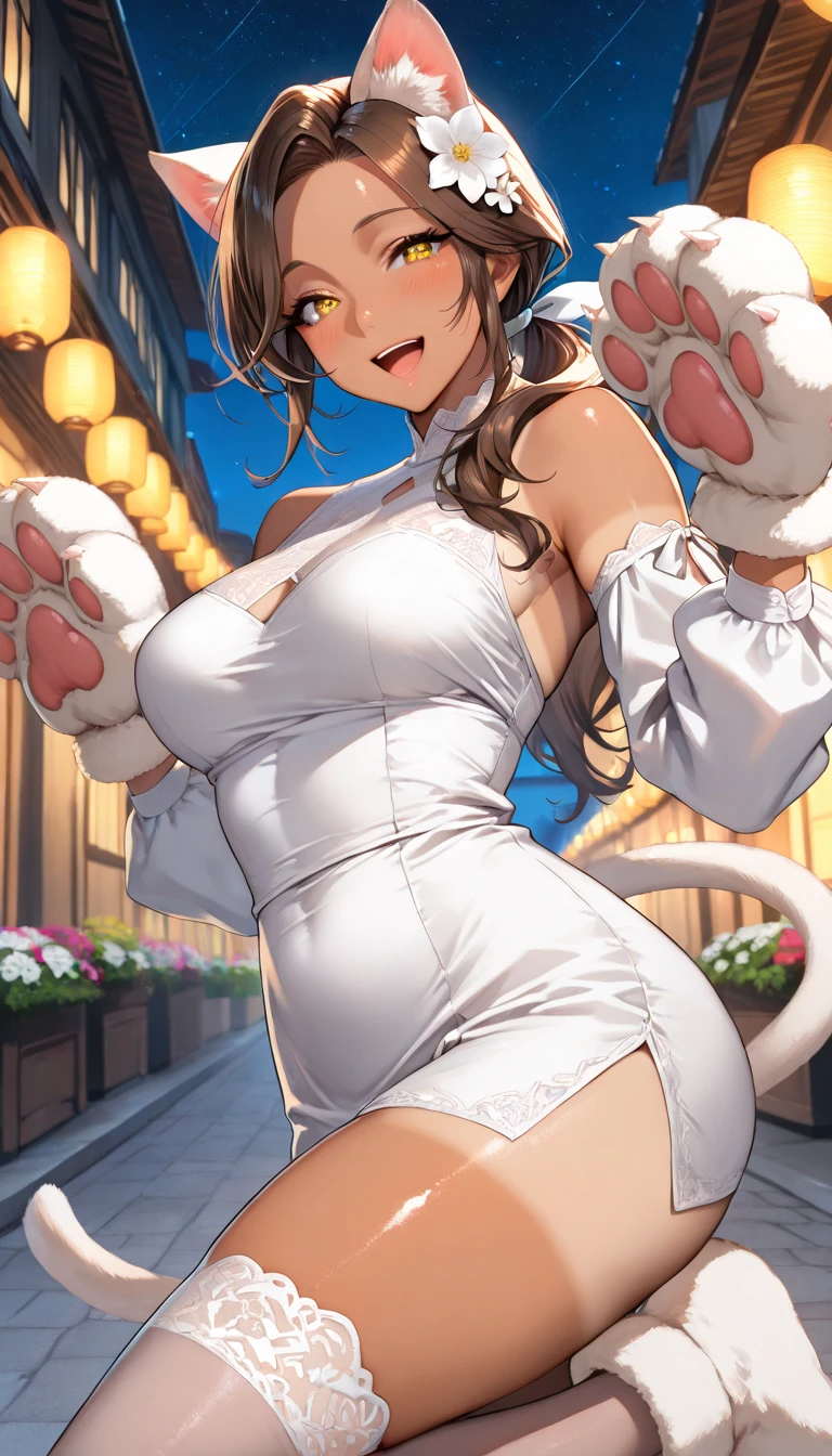 1girl, solo, chun-li, highly detailed eyes, intricate details, brown eyes, brown hair, short hair, double bun, upper body, (furry), dog girl, animal ears, chinese dress, looking at viewer, closed mouth, seductive smile, muscular female,