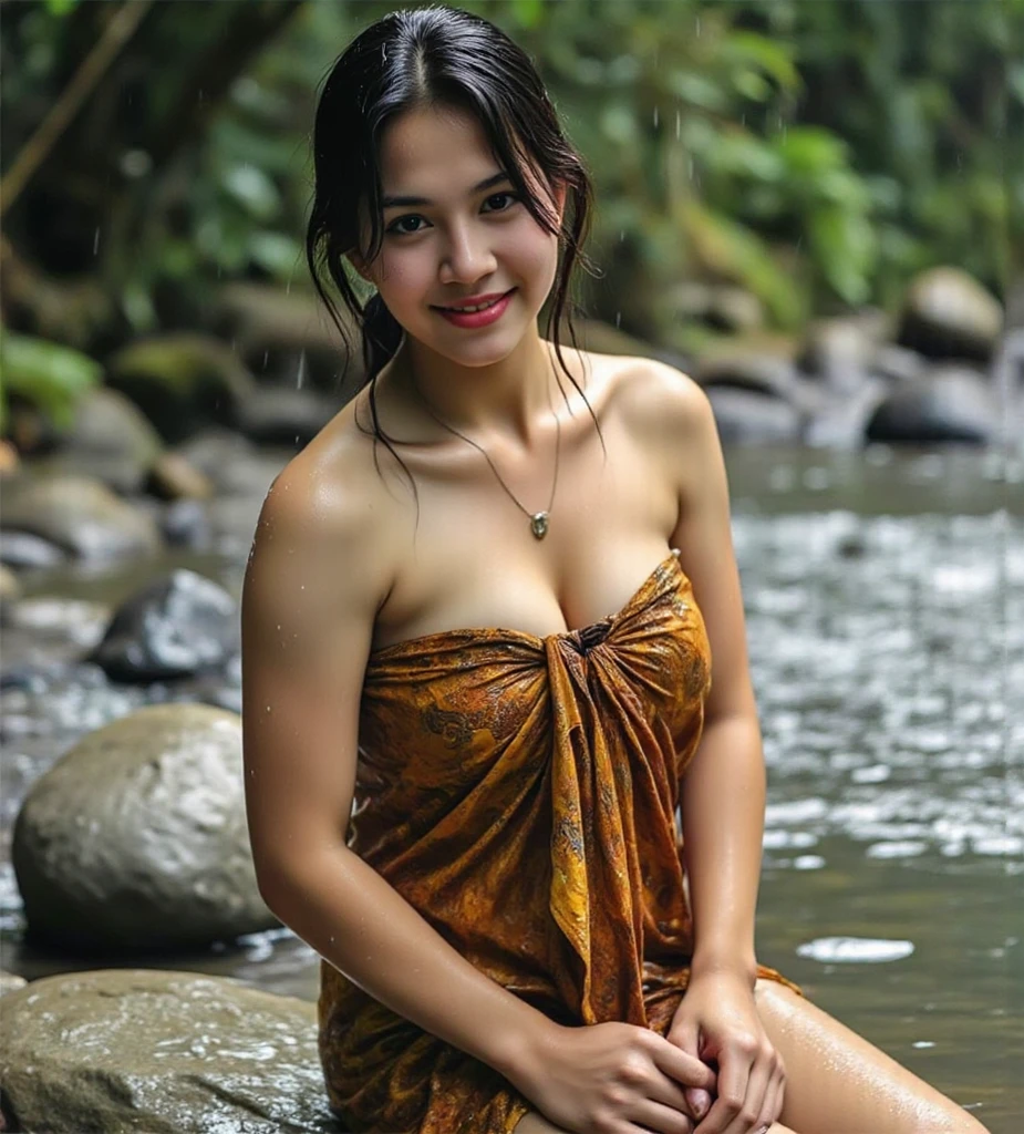 Malay Tribal Girl, wearing sarong, Sitting naked in a river forest bath, Show and chest, Hyper realistic, Lifelike texture, Dramatic Lighting, nikon RAW photo, 8K, Fuji XT3,Citrine Dream Mix, masutepiece, Best Quality, Realistic, Naked, Show , (Photorealistic:1.4), Ultra-detail, extra detailed face, solo, entire body visible, (((Smile:1.2)))