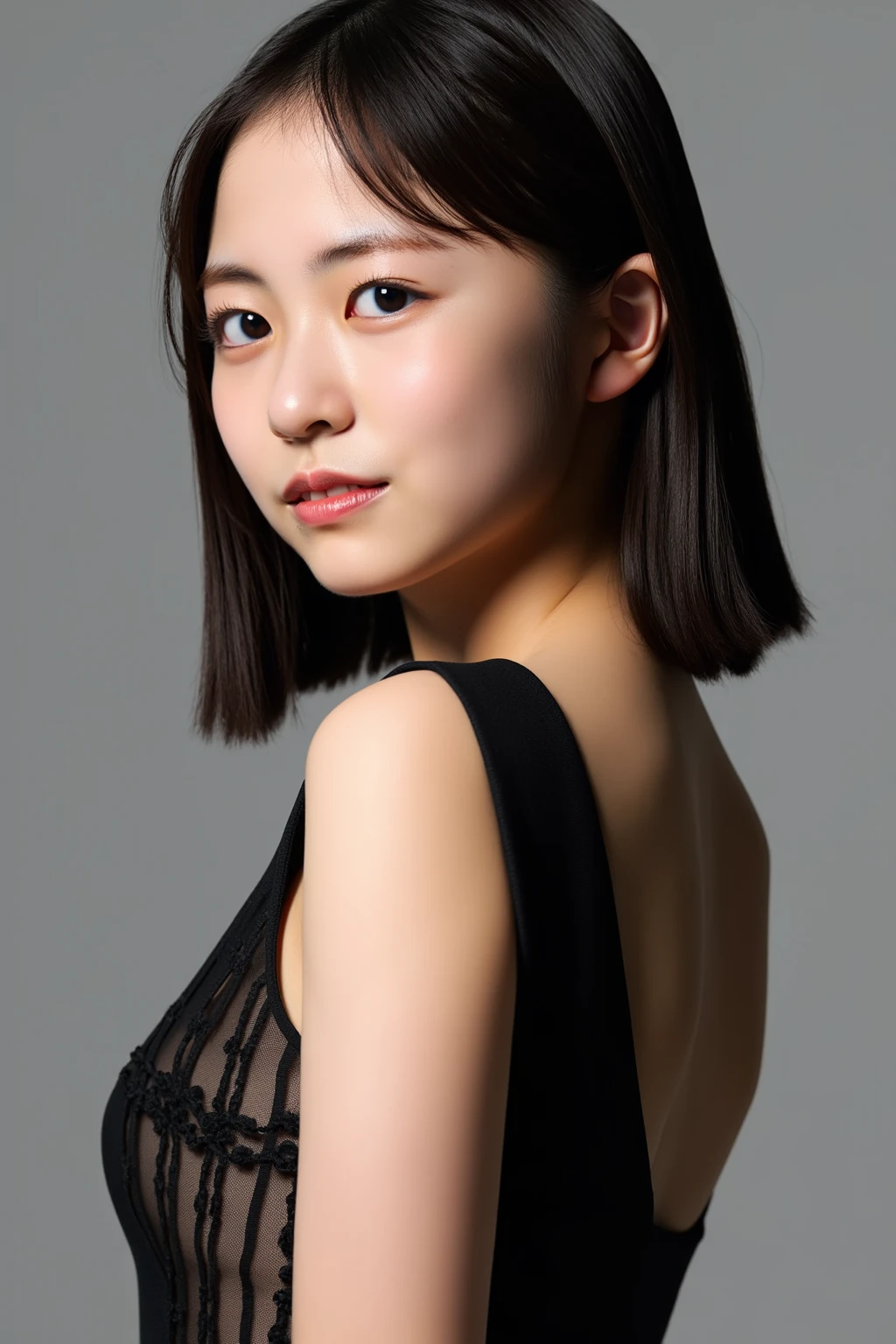 Yui, photo of female, age 15 year, black shoulder length hair with brown highlights;; (rim lighting, studio lighting), (dslr, ultra quality, film grain, Fujifilm XT3, crystal clear, 8K UHD, highly detailed glossy eyes, high detailed skin, skin pores), wear black bodycon, sexy pose