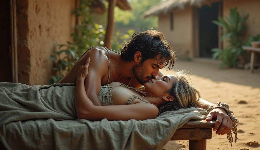 "Create a high-definition image of a young couple having sex on table, The man is muscular, and has short hair, while the woman fully naked. They are making love, kissing, the man hand squeezing breast while laying down, with the woman on top the man, and both have a seductive expression. The room is viewing rice fields