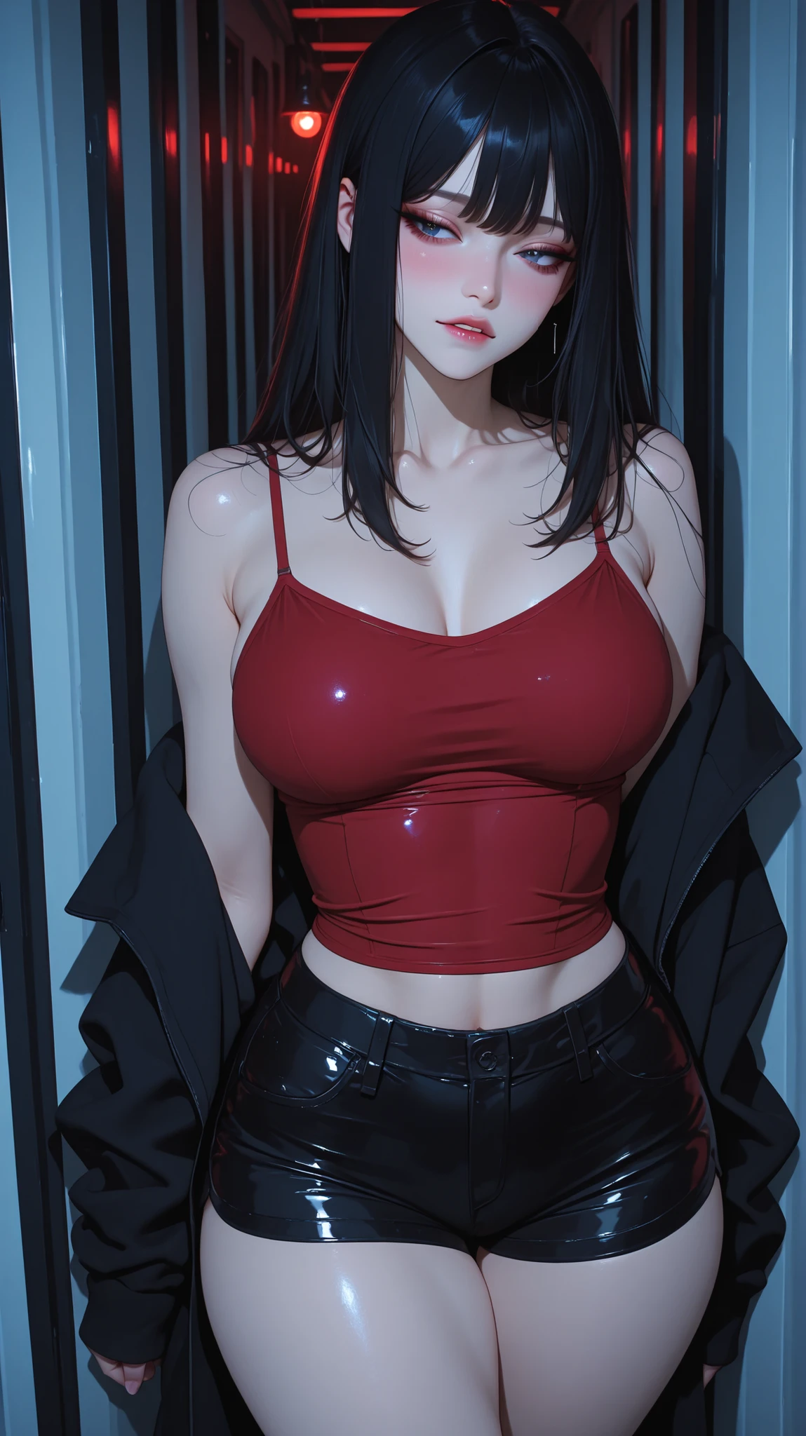(best quality,4k,highres,masterpiece:1.2),ultra-detailed,(realistic:1.37),photorealistic woman wearing a crop top, druuna, dark blue eyes, white crop top, red thong, full lips, big_boobs, best quality, realistic d4fn3