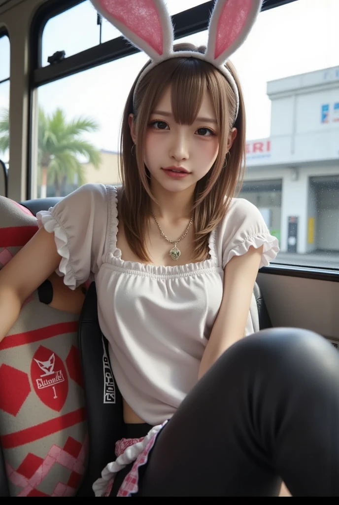 Inside the train、Sitting、Angle from below the front、1 girl、Bob Hair、Brown Hair、Medium breast、(T-Shirts、Flared mini skirt with slitasterpiece:1.3、Highest quality、Raw photo、White panties、(Panty shot:1.3)、