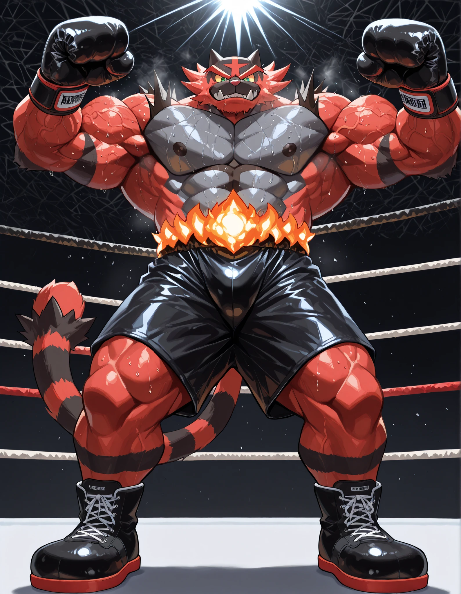 Incineroar, anthro male, high quality, full body, looking down at viewer, looking up from directly below, solo, boxing ring background, black boxing gloves, thick very veiny arms, very veiny muscular, black boxing shorts, black boxing shoes, heavyweight boxing champion, glistening fur, sweaty, brutal expression, steam, heavy breathing, brutal eyes, gear up with fighting spirit, shirtless, stand up straight, A manly victory pose with his arms raised high and his chest held high, b0xingp0v