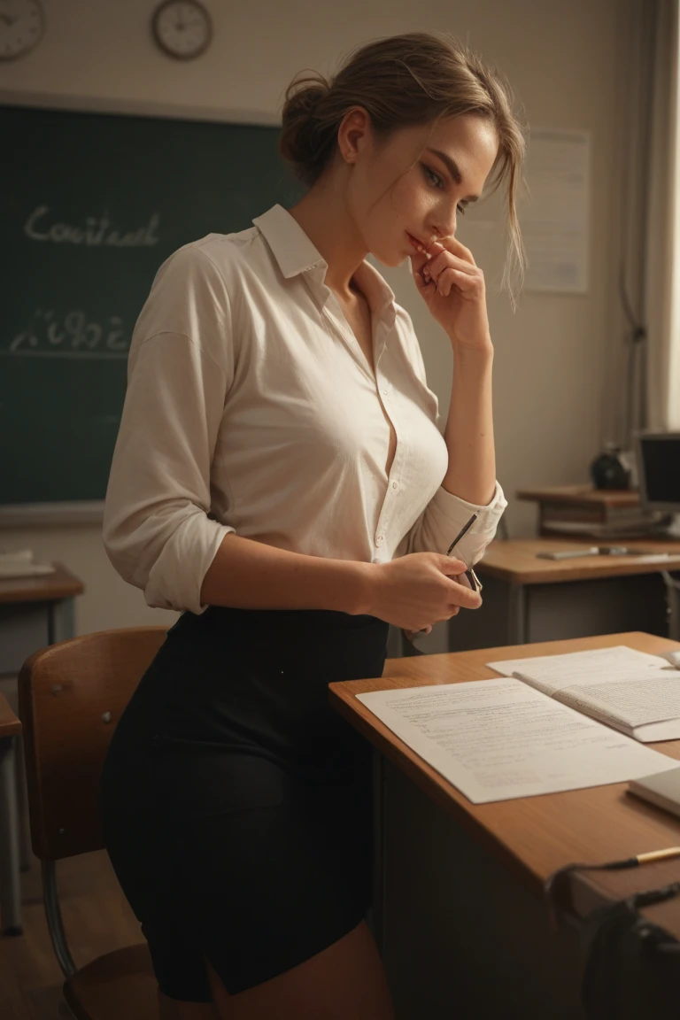 advertising poster style, (solo, full body photo:1.3), (reaching:1.3), (haze, fog, mist:1.3), chiaroscuro, AnalogRedmAF A stunning woman with messy hair, flirty, sits in a classroom, artwork on the blackboard, short black skirt, unbuttoned white blouse, messy bun, camera,highres, extremely detailed, 1woman,beautiful detailed woman,full body, realistic, light on face, cinematic lighting, perfect eyes Professional, modern, product-focused, commercial, eye-catching, highly detailed